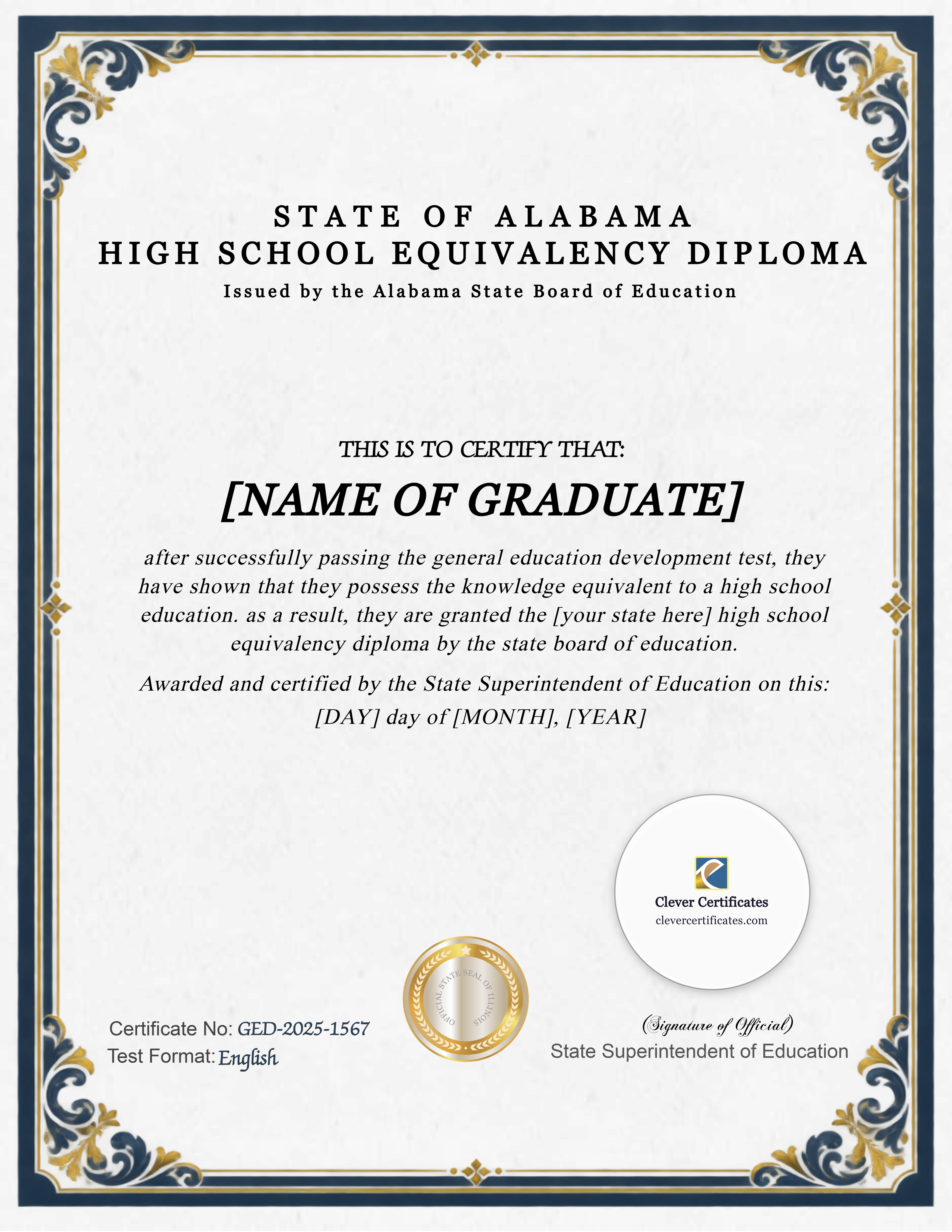 Alabama GED Portrait — Certificate Template Preview