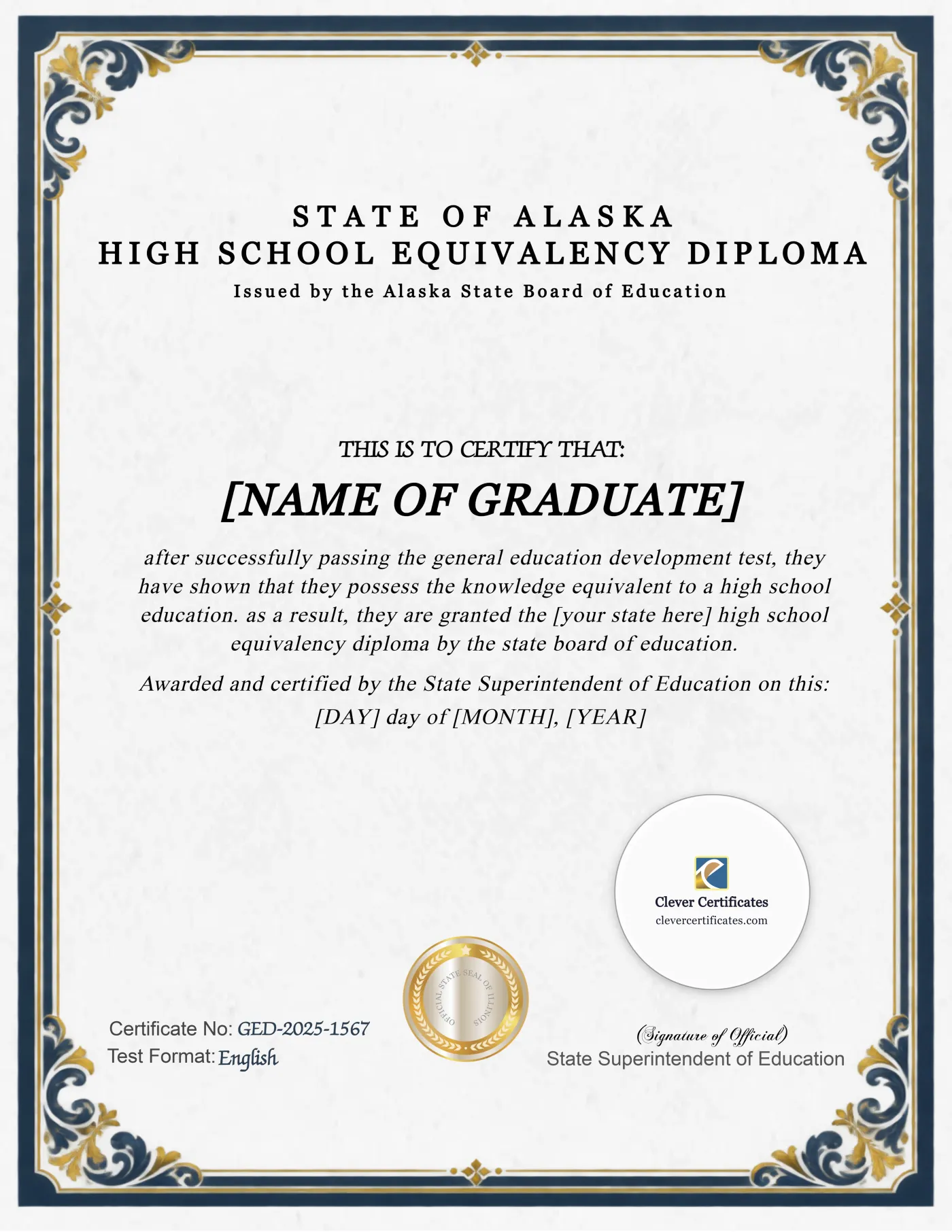 Alaska GED Portrait — Certificate Template Preview