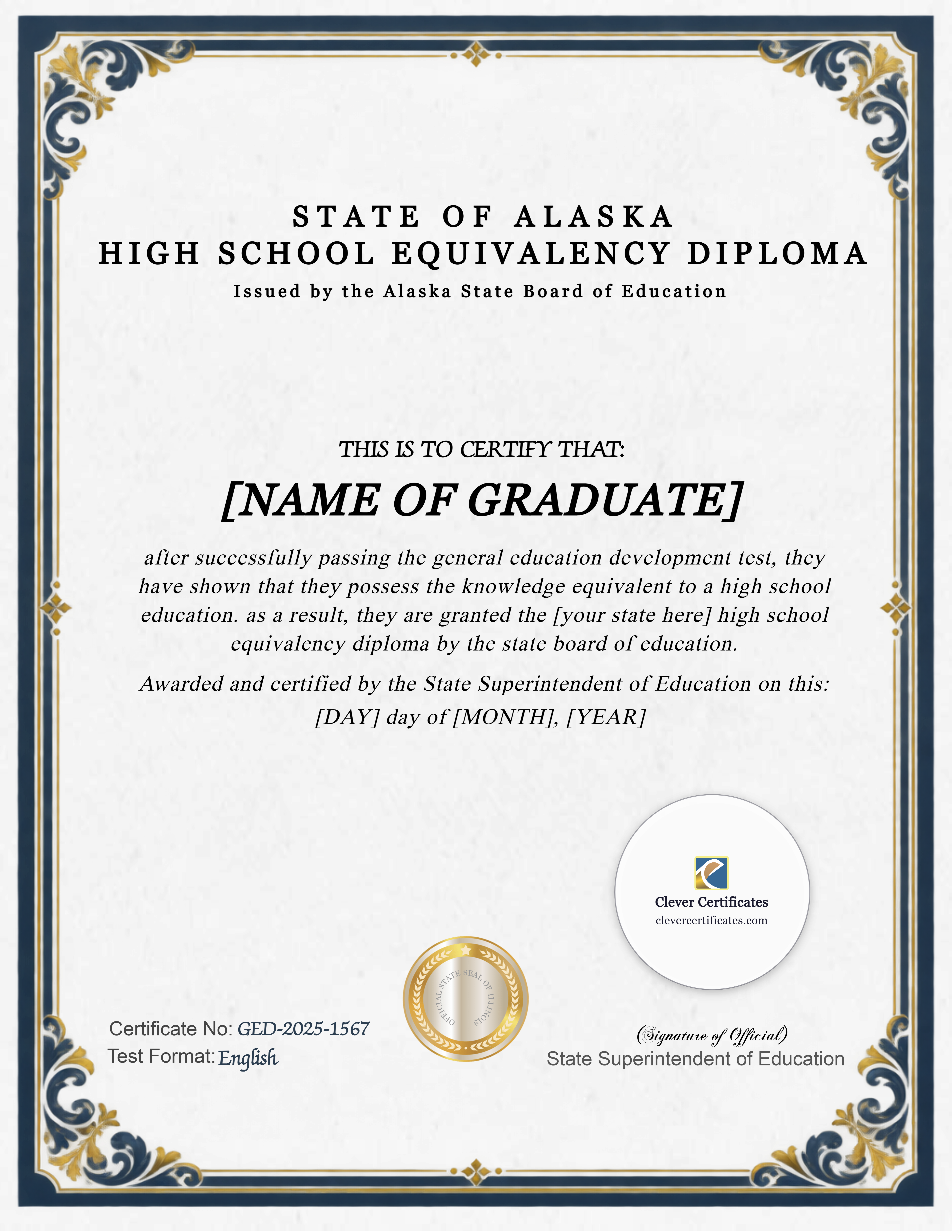 Alaska GED Portrait — Certificate Template Preview