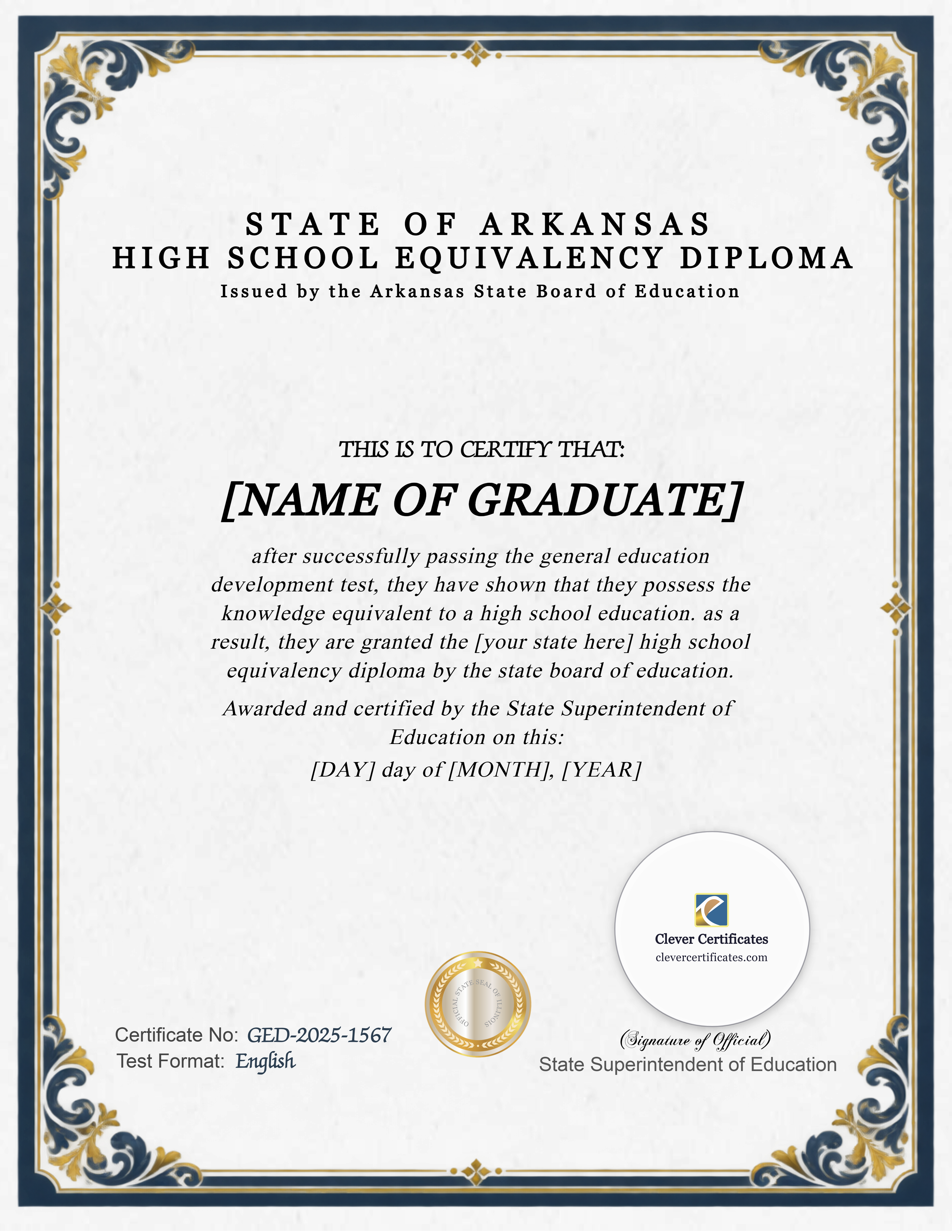 Arkansas GED Portrait — Certificate Template Preview