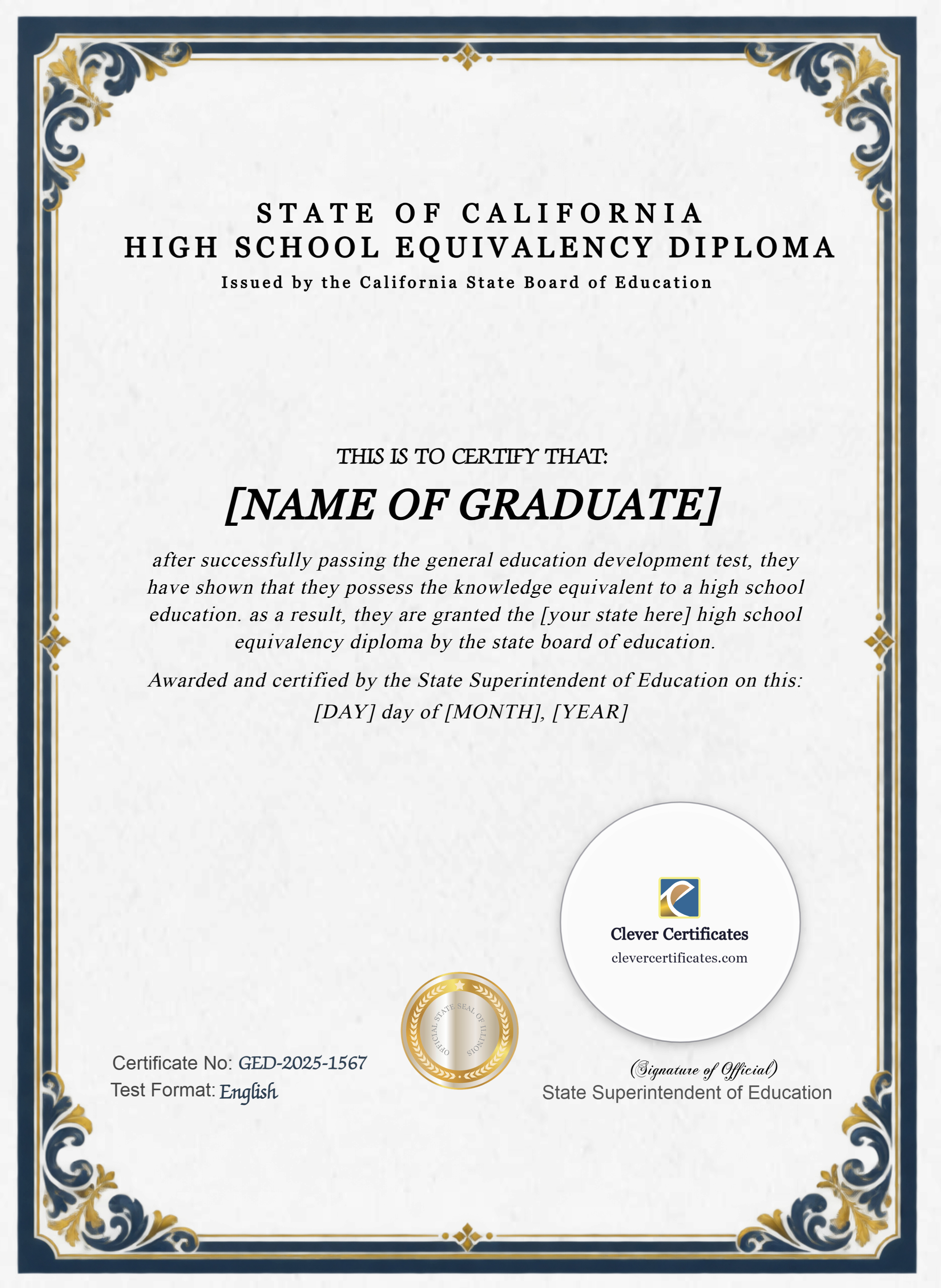 California GED Portrait — Certificate Template Preview
