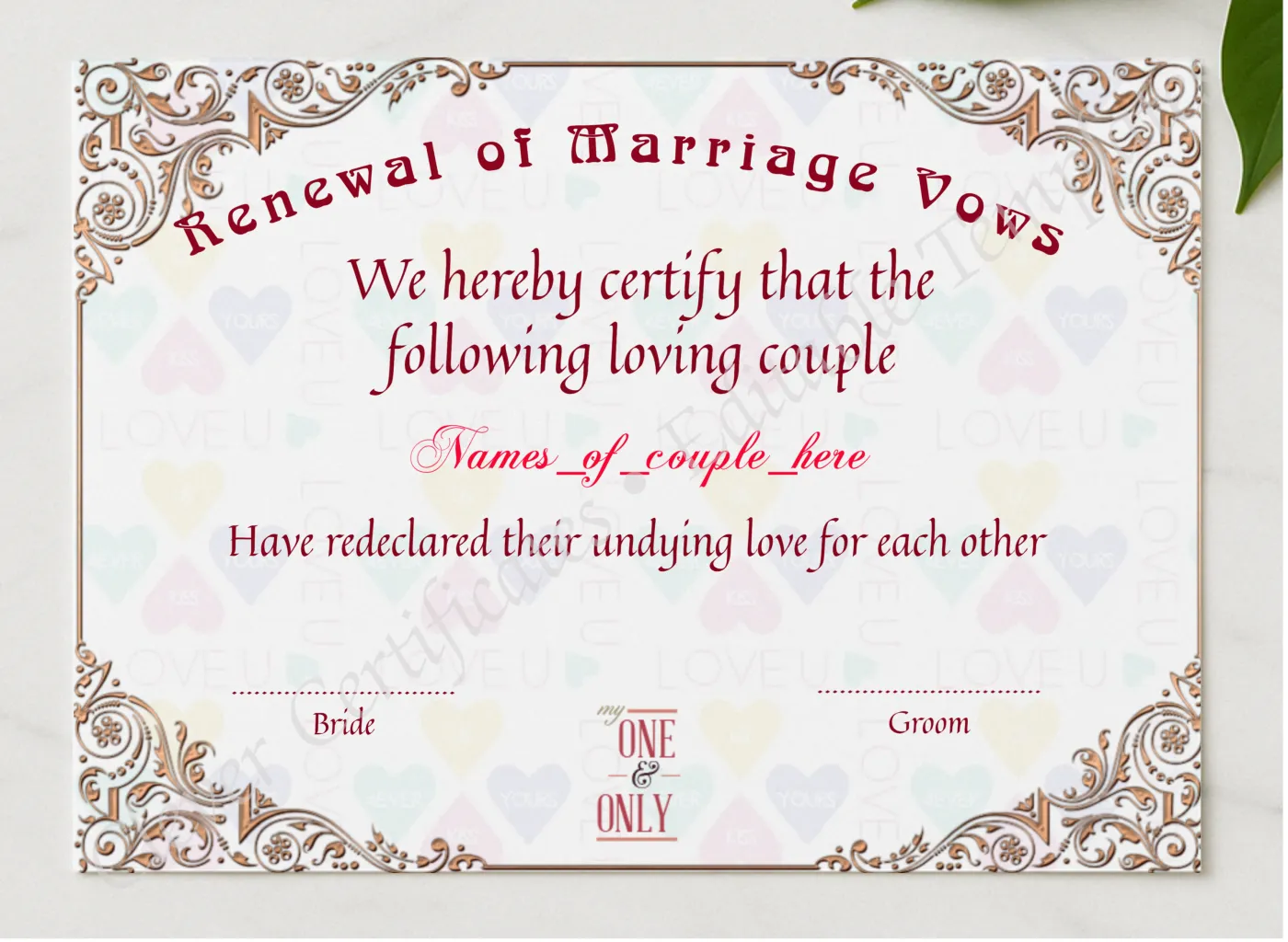 Renewal Of Marriage Vows 2 presented in a sleek wooden frame, elegantly arranged on a stylish table.