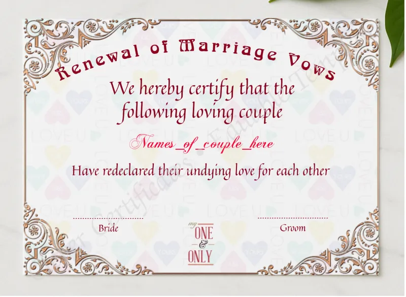 Renewal Of Marriage Vows 2  presented in a sleek wooden frame, elegantly arranged on a stylish table.