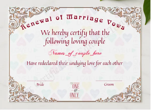 Renewal Of Marriage Vows 2  presented in a sleek wooden frame, elegantly arranged on a stylish table.
