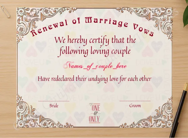 Professional preview of Renewal Of Marriage Vows 2  certificate on high-quality stationery paper, ideal for showcasing the final look.