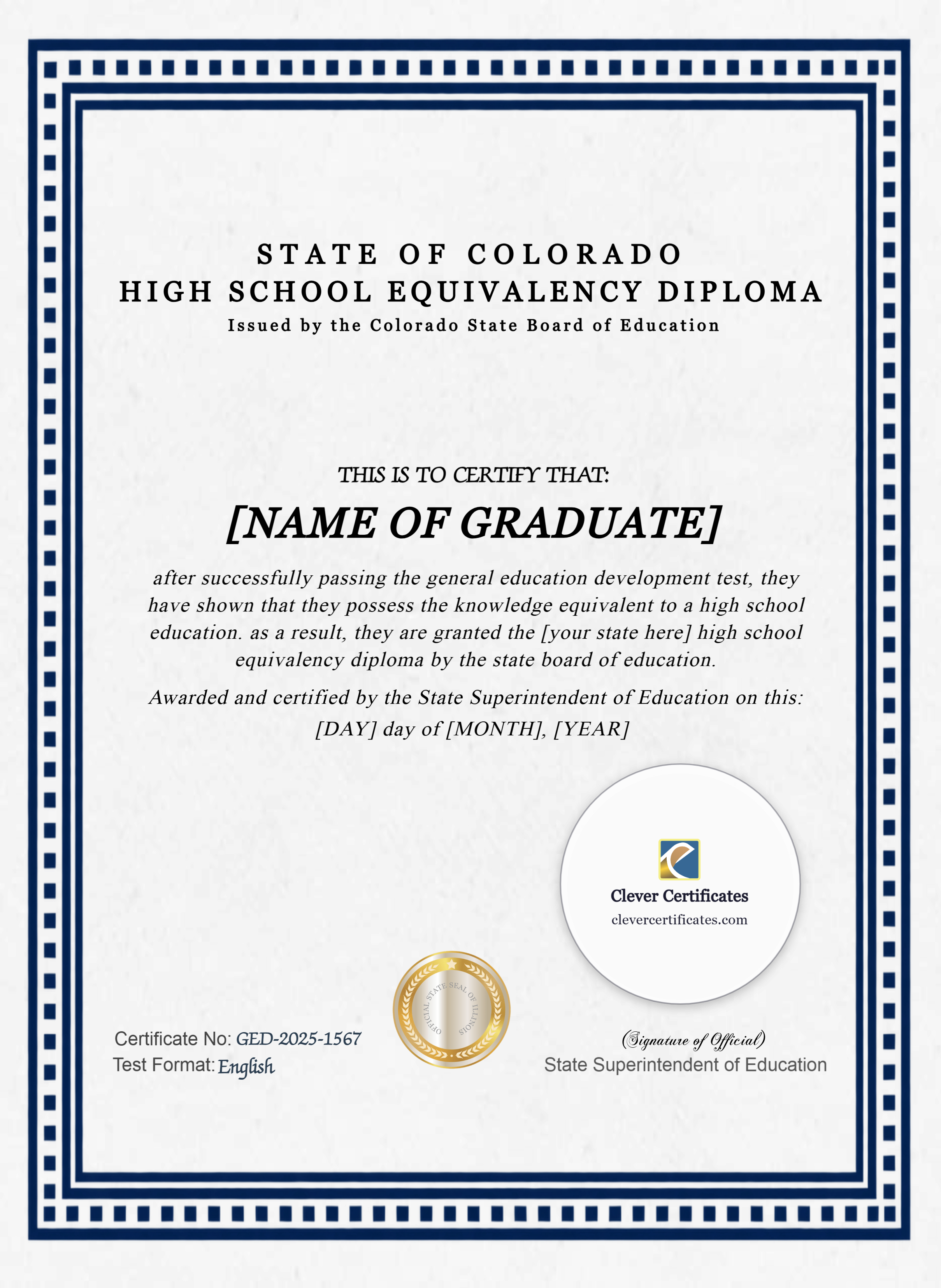 Colorado GED Portrait — Certificate Template Preview
