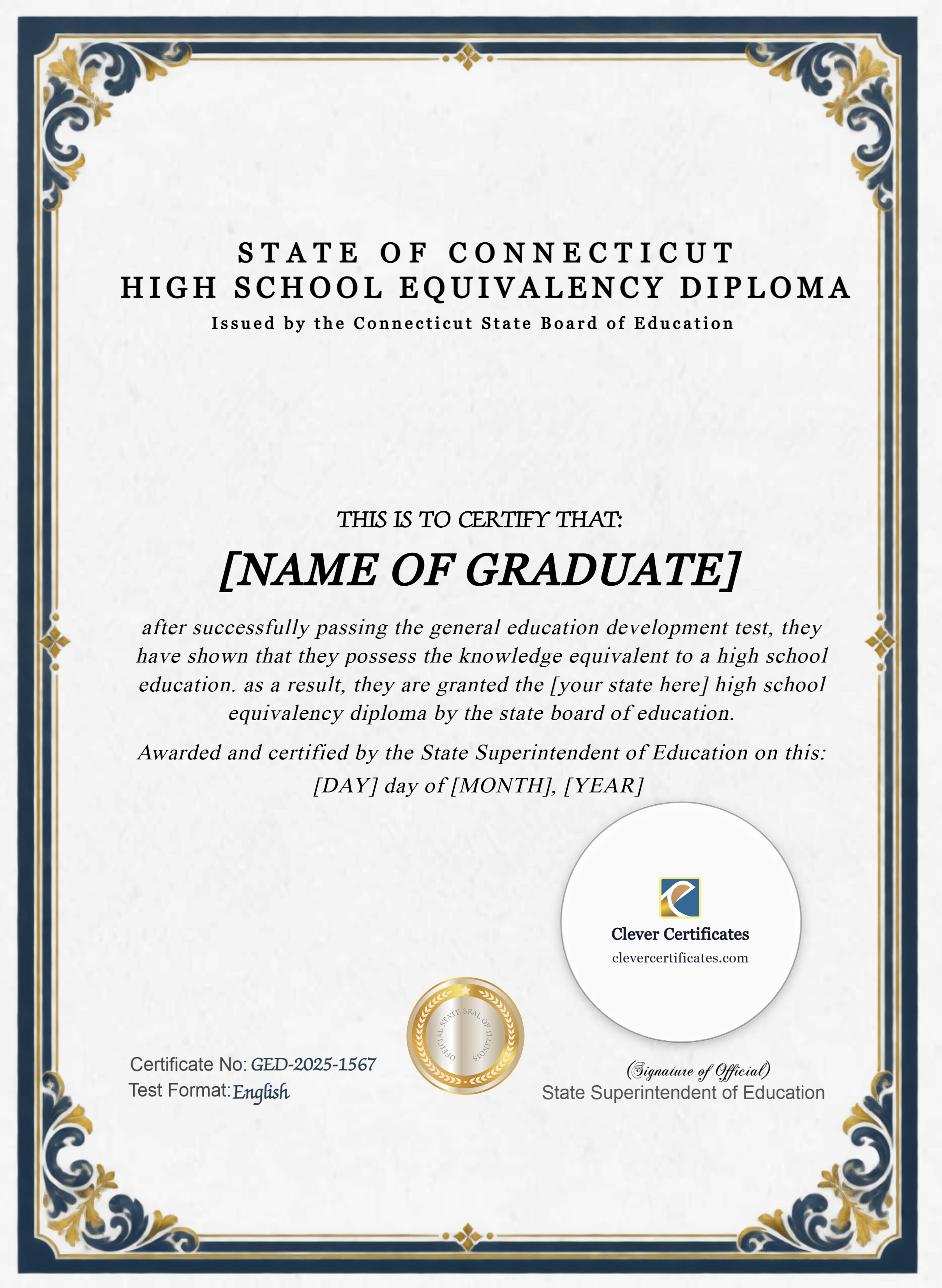 Connecticut GED Portrait — Certificate Template Preview