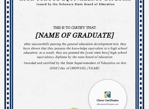 Delaware GED Portrait — Certificate Template Preview