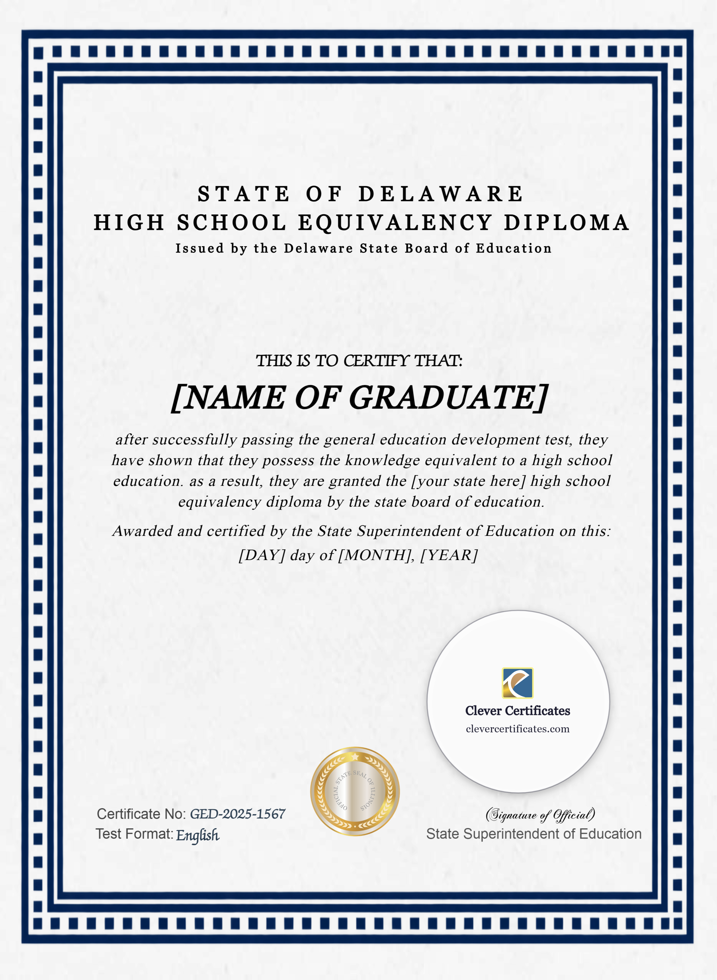 Delaware GED Portrait — Certificate Template Preview