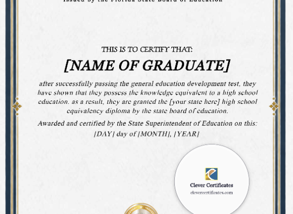 Florida GED Portrait — Certificate Template Preview