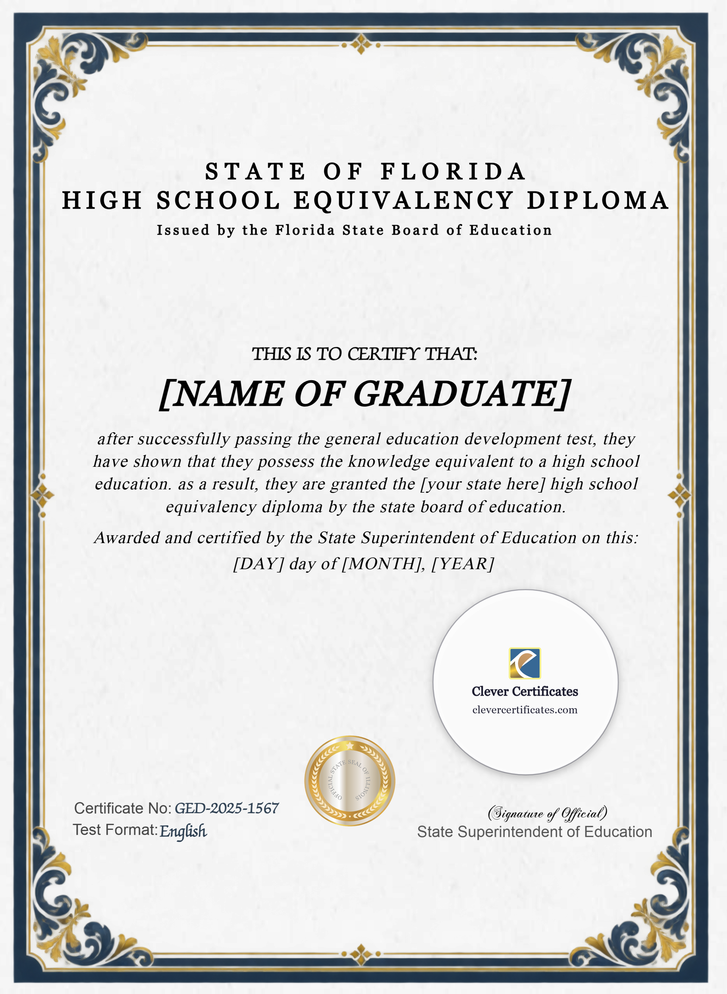 Florida GED Portrait — Certificate Template Preview