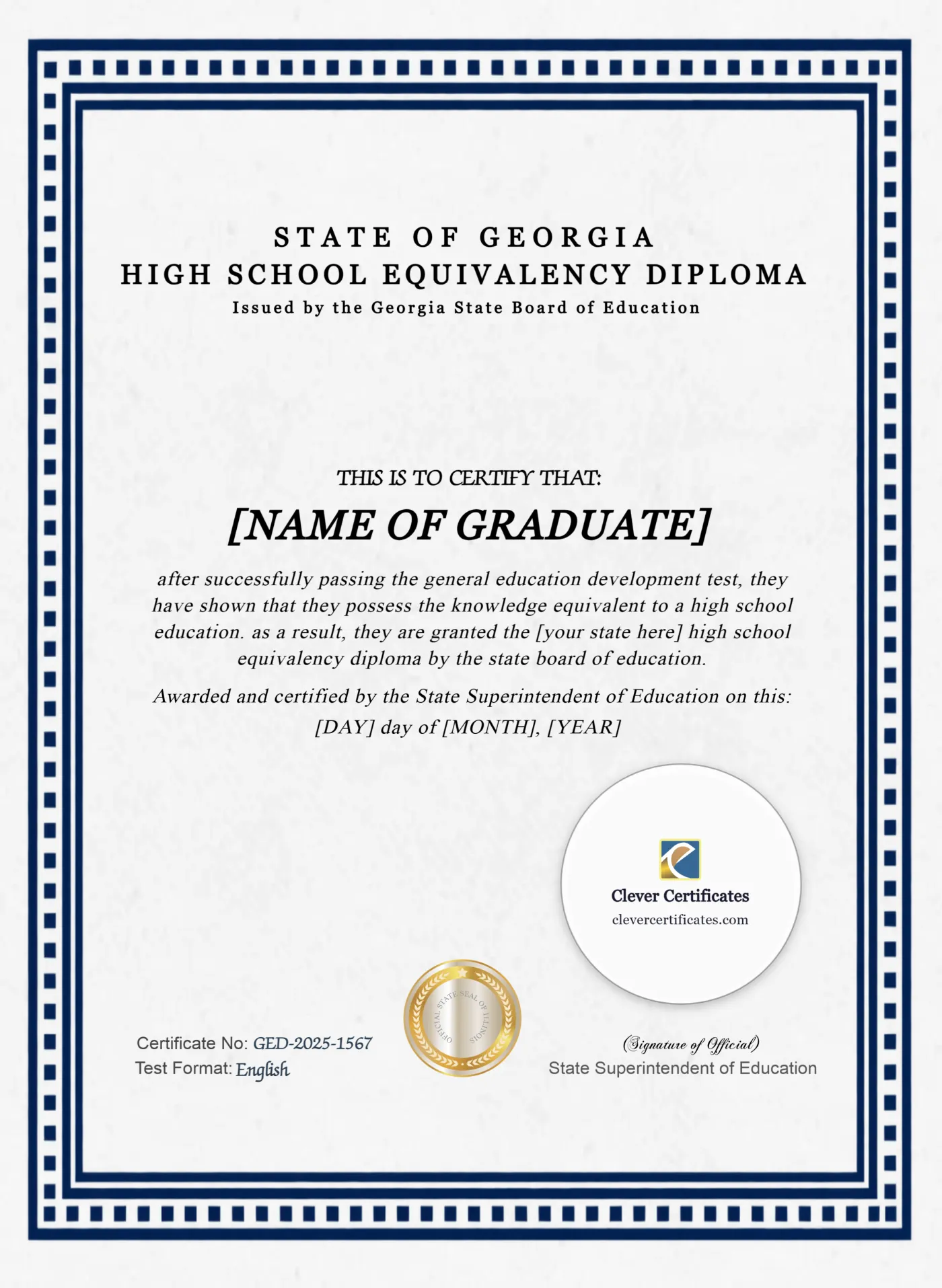 Georgia GED Portrait — Certificate Template Preview