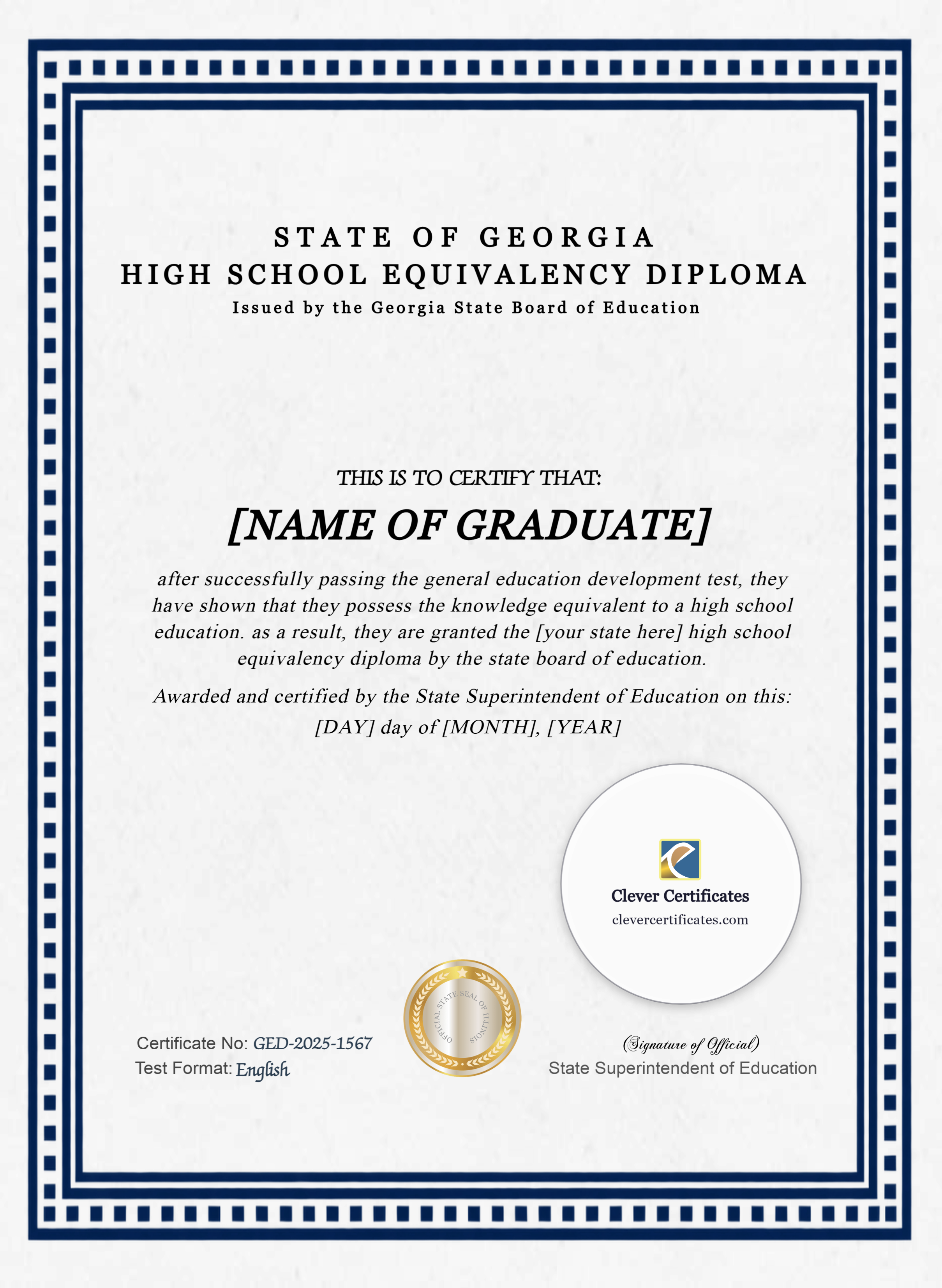 Georgia GED Portrait — Certificate Template Preview