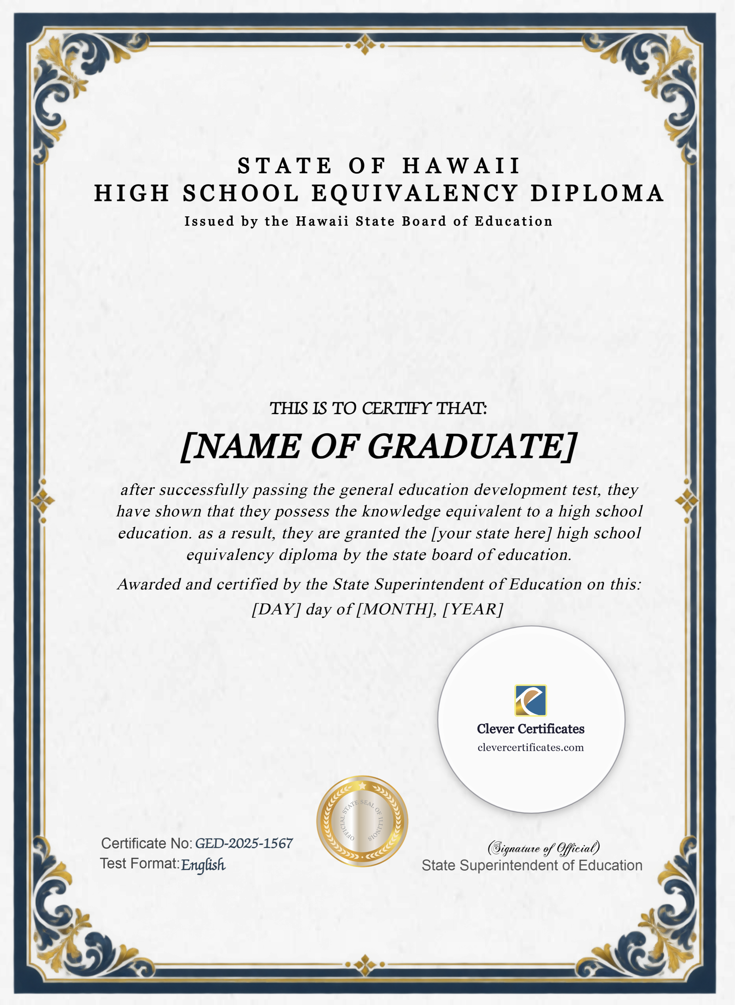Hawaii GED Portrait — Certificate Template Preview