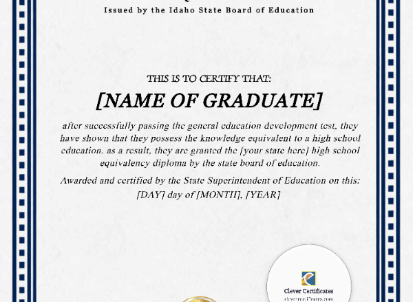Idaho GED Portrait — Certificate Template Preview