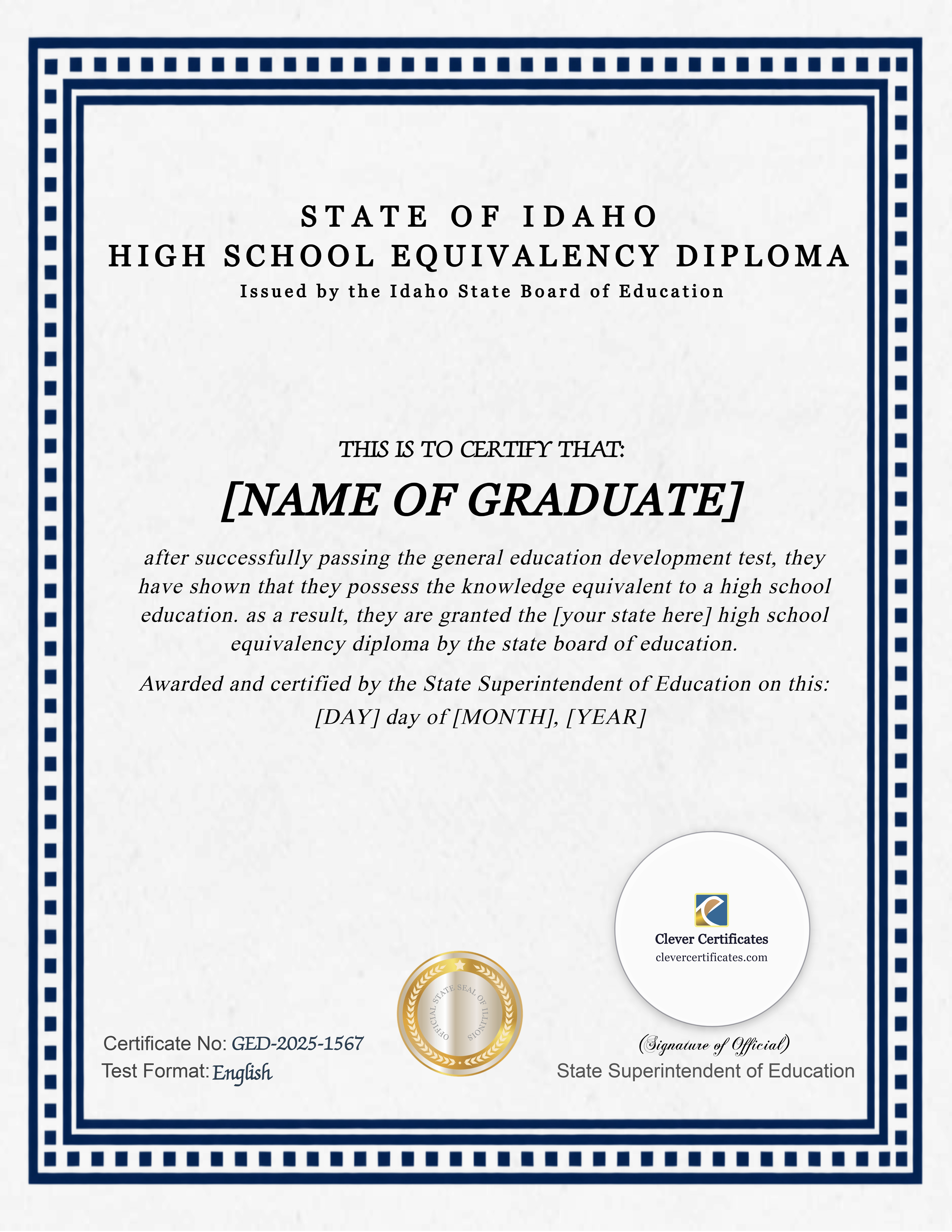 Idaho GED Portrait — Certificate Template Preview