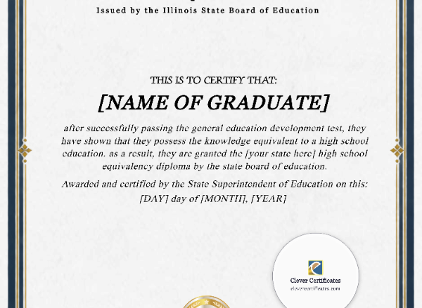 Illinois GED Portrait — Certificate Template Preview