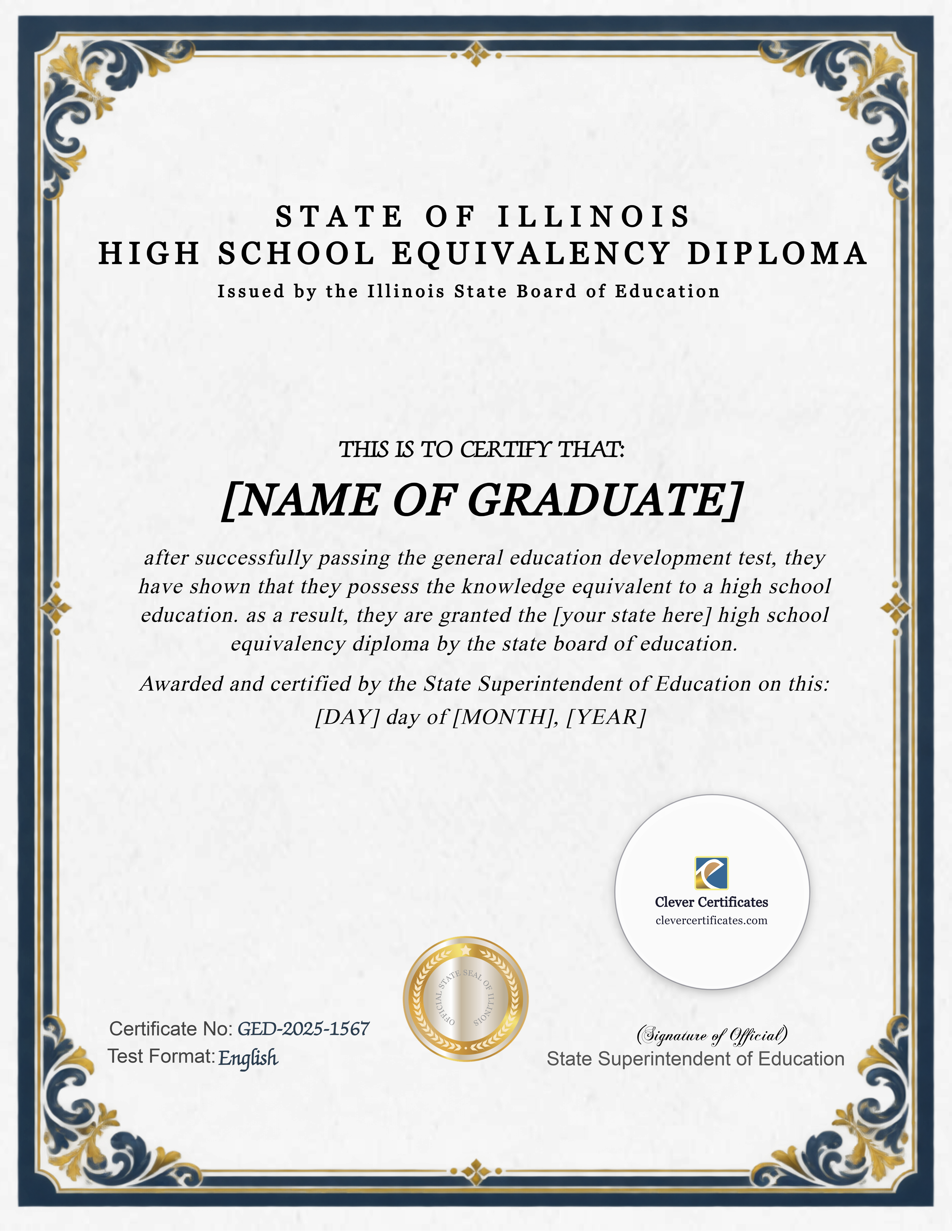 Illinois GED Portrait — Certificate Template Preview