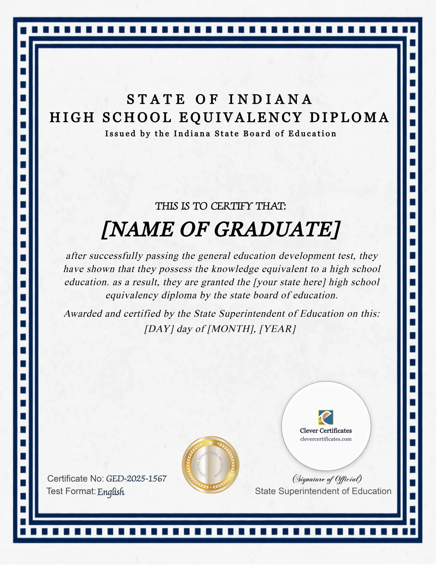 Indiana GED Portrait — Certificate Template Preview