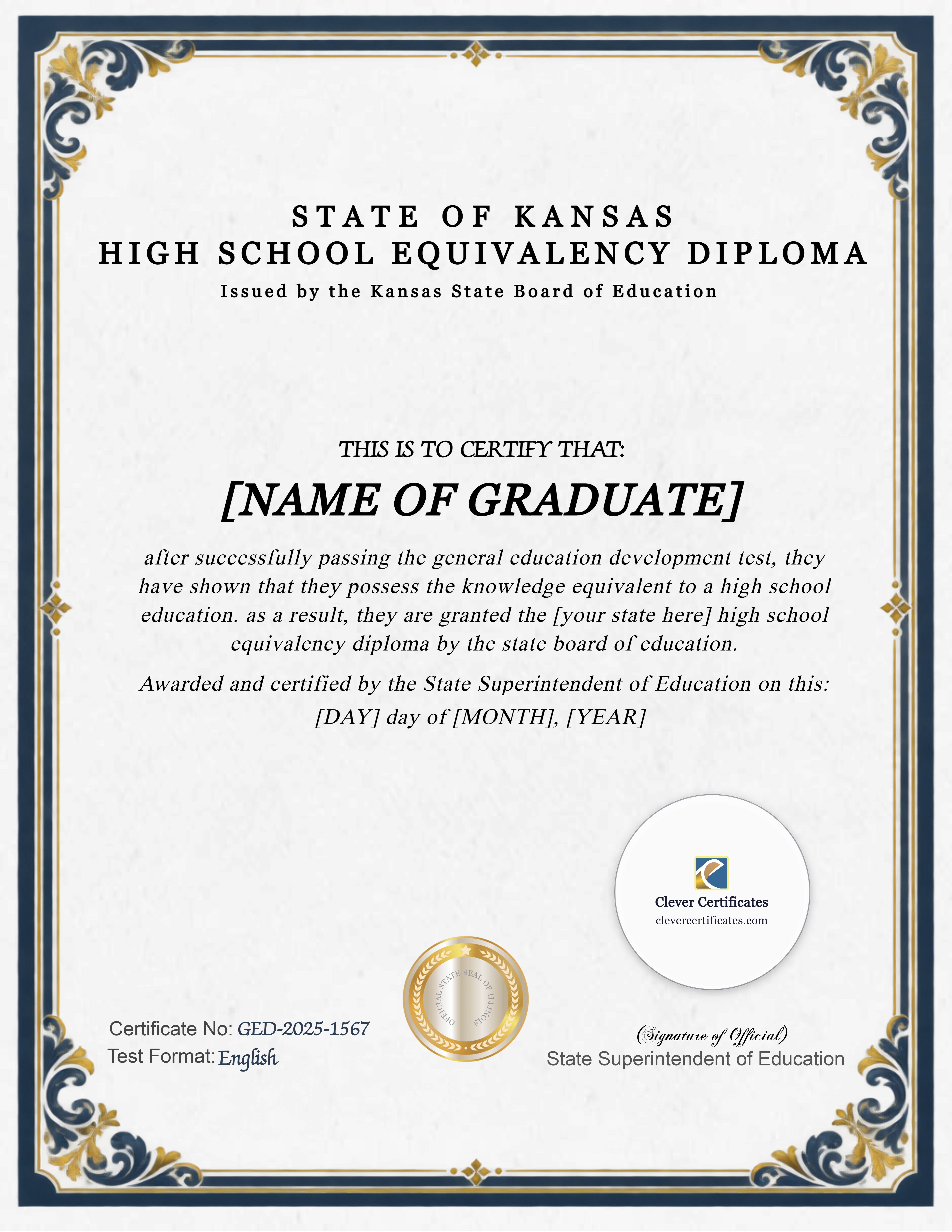 Kansas GED Portrait — Certificate Template Preview