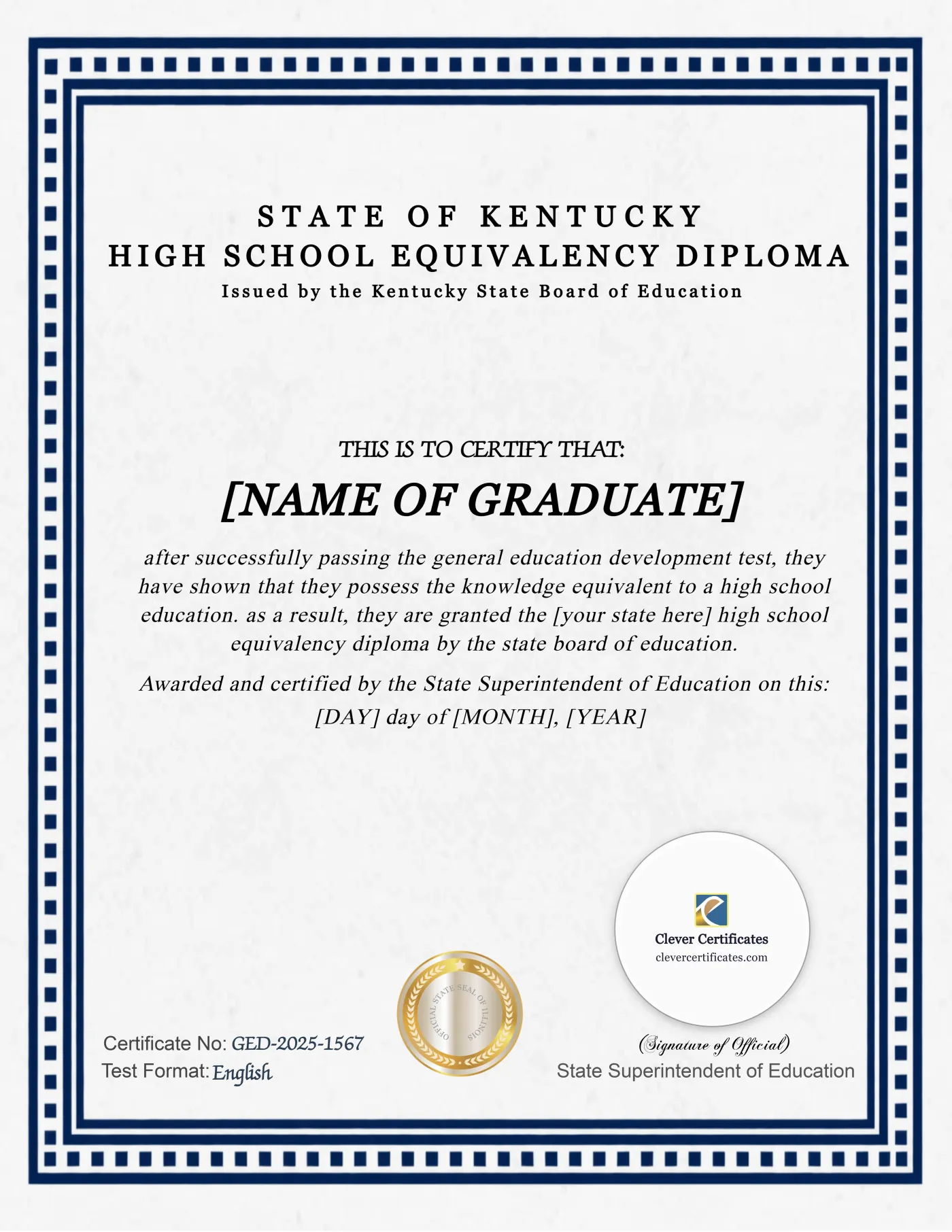 Kentucky GED Portrait — Certificate Template Preview