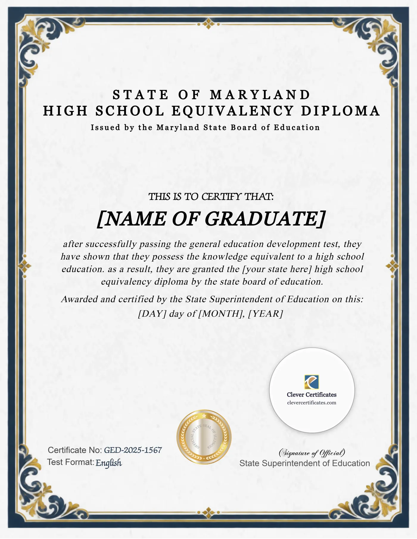 Maryland GED Portrait — Certificate Template Preview
