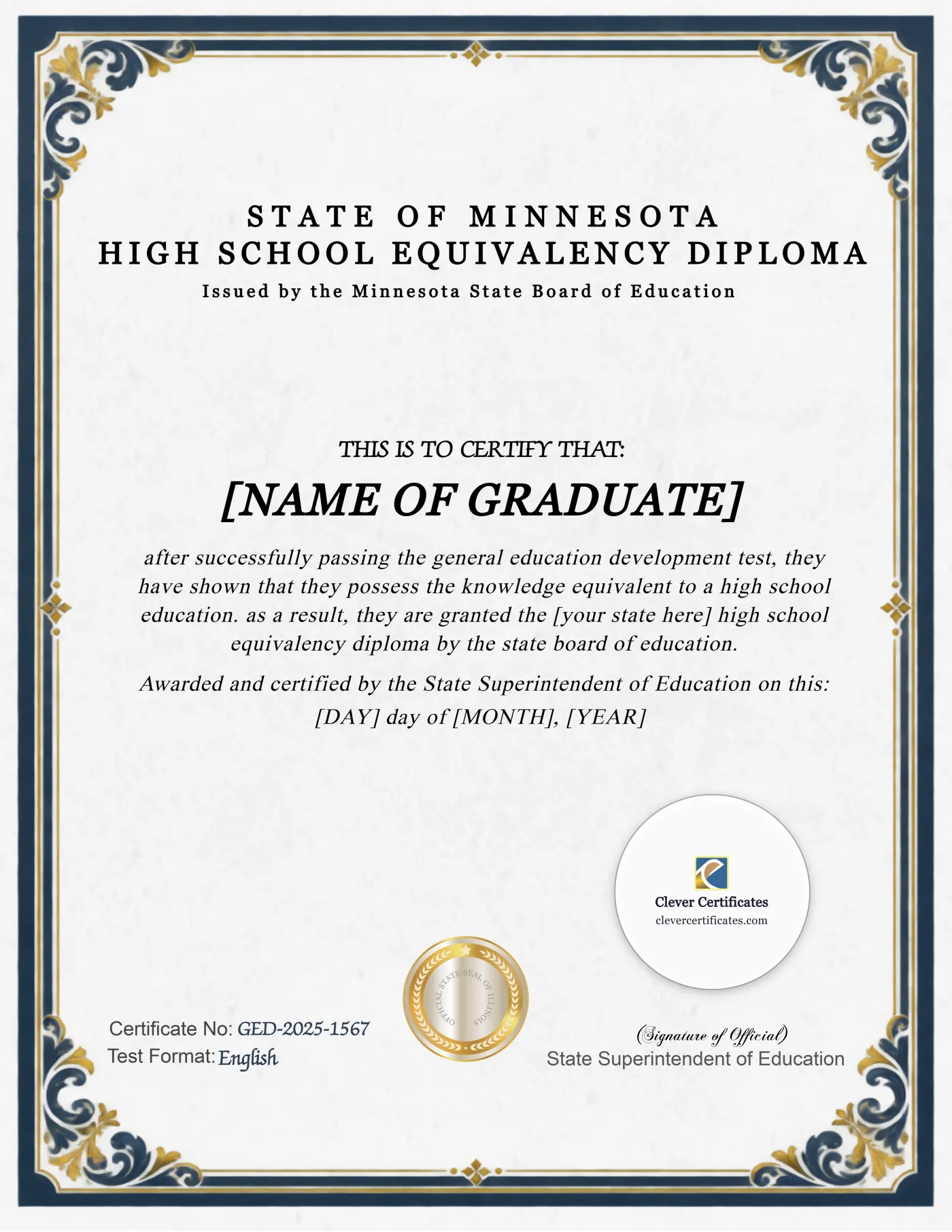 Minnesota GED Portrait — Certificate Template Preview