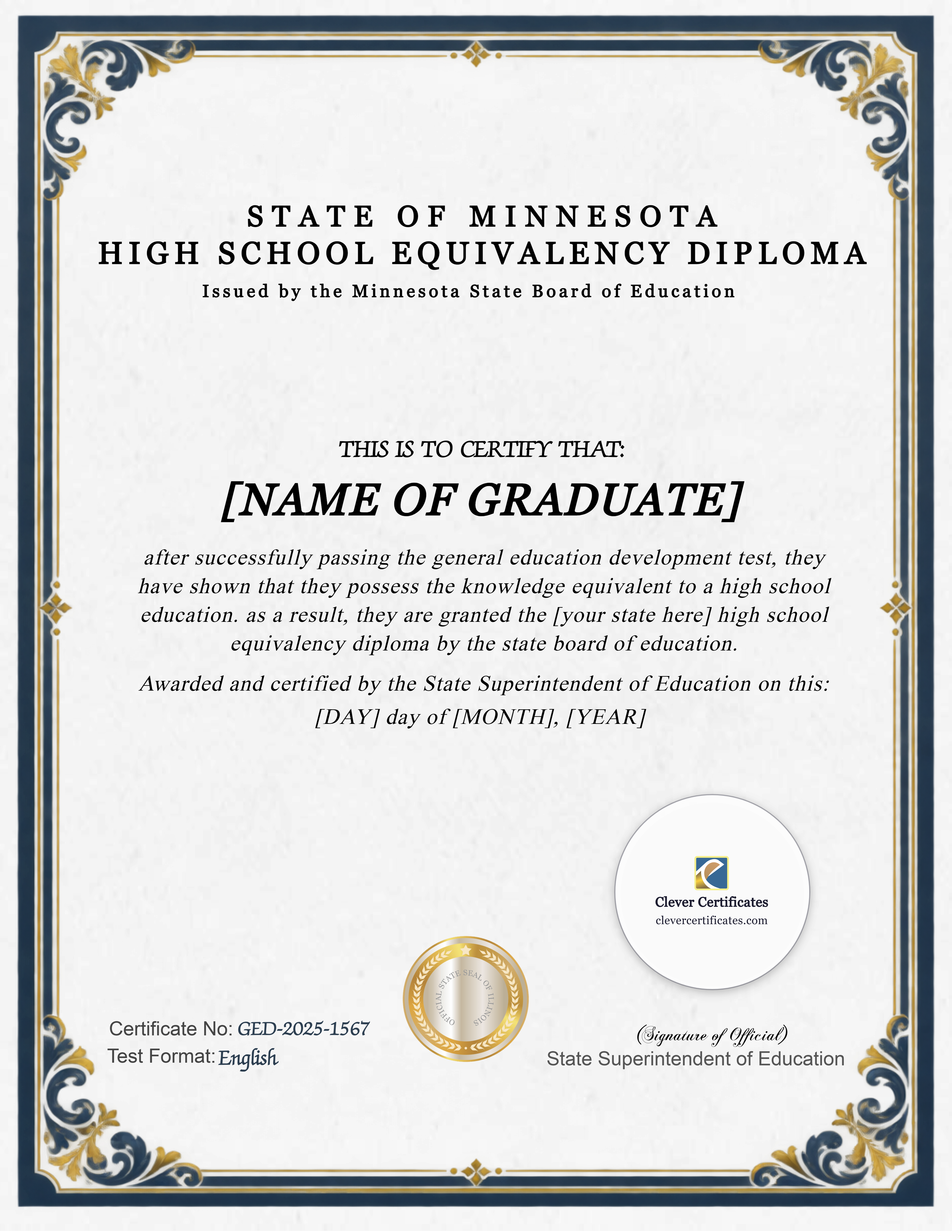 Minnesota GED Portrait — Certificate Template Preview