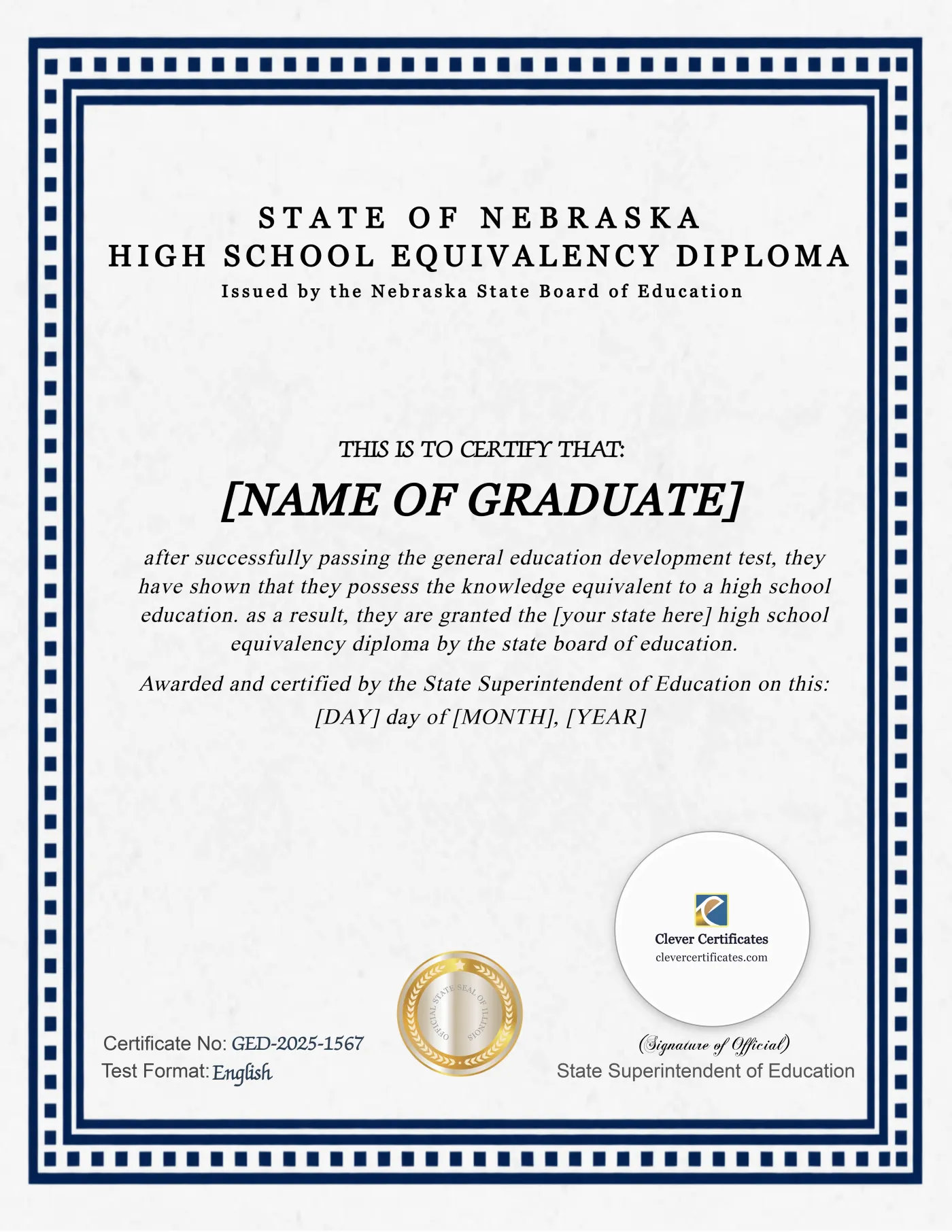 Nebraska GED Portrait — Certificate Template Preview