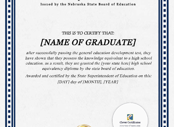 Nebraska GED Portrait — Certificate Template Preview