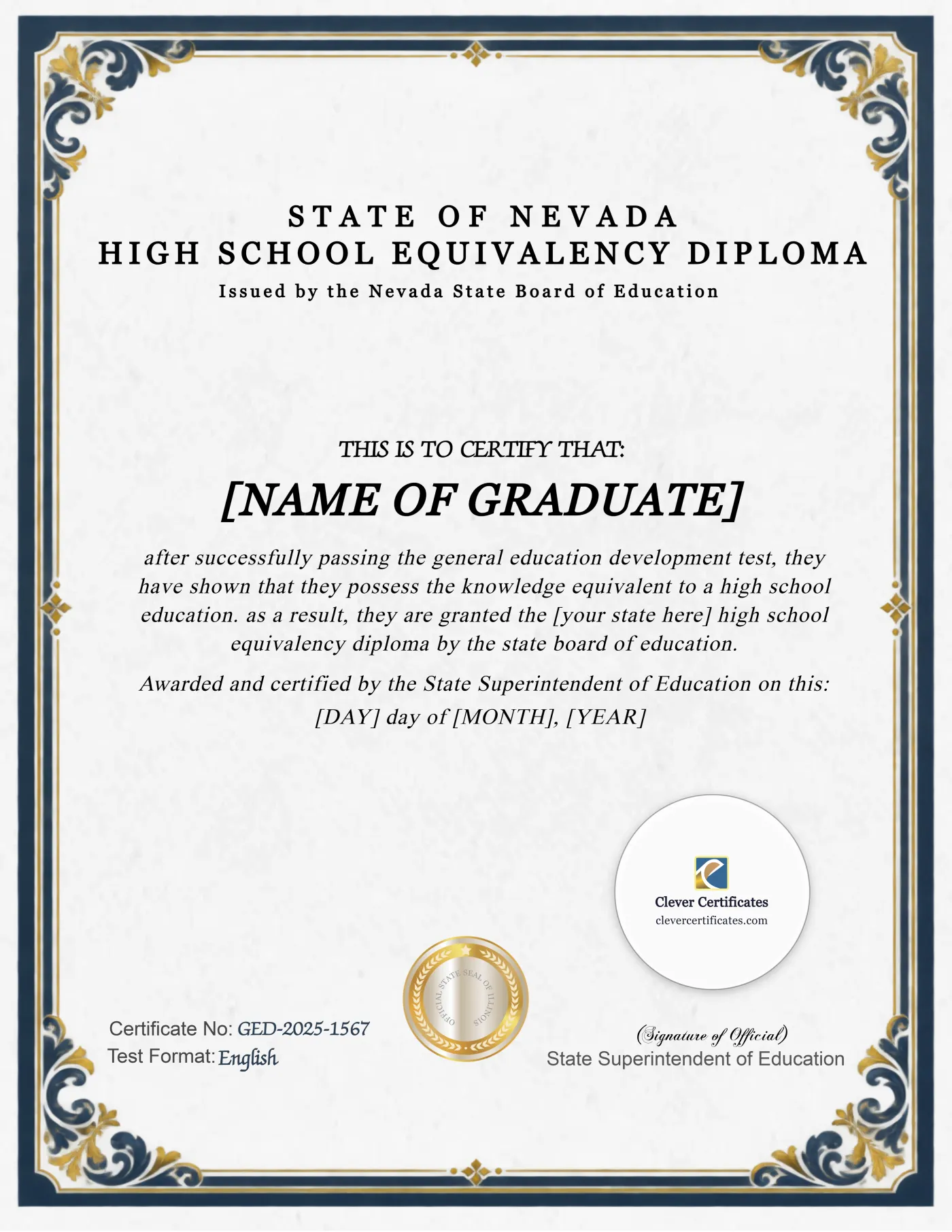 Nevada GED Portrait — Certificate Template Preview