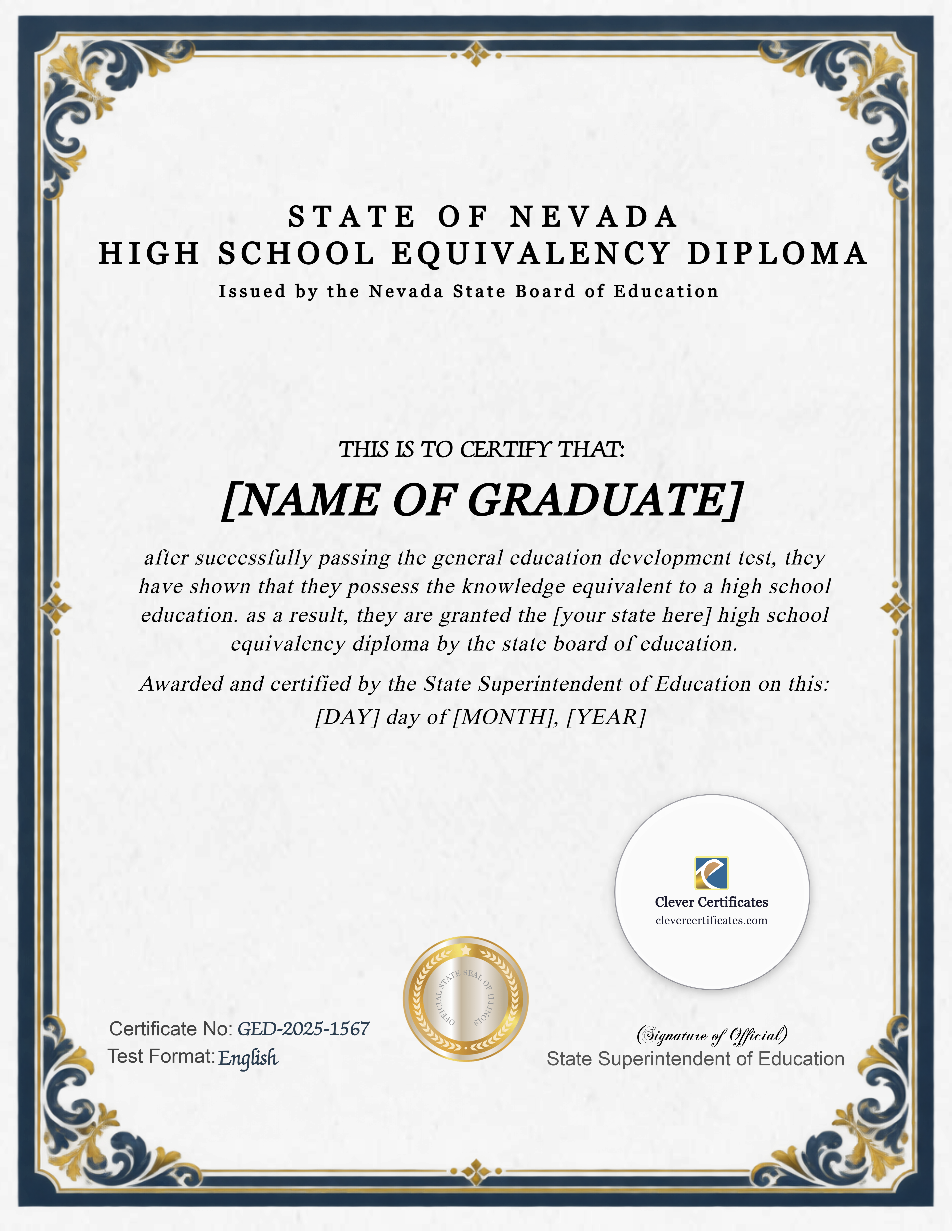Nevada GED Portrait — Certificate Template Preview