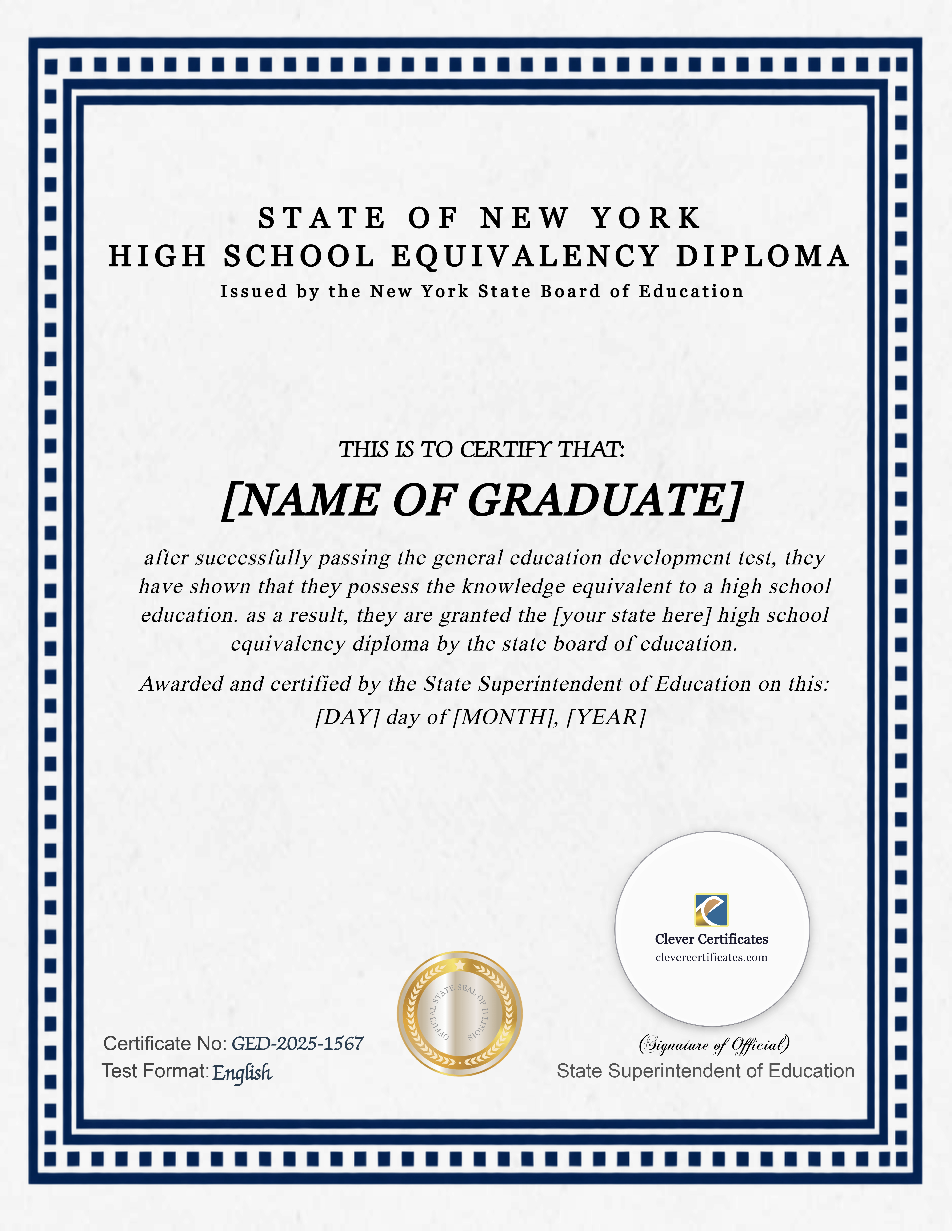 New York GED Portrait — Certificate Template Preview