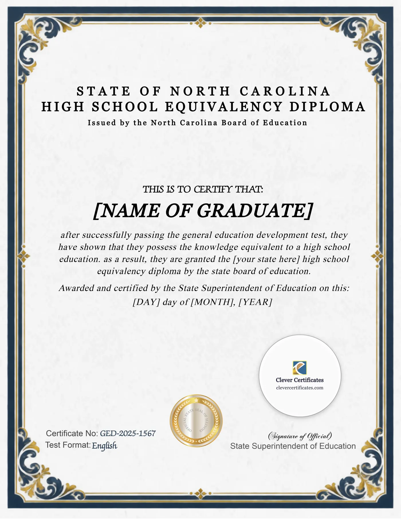 North Carolina GED Portrait — Certificate Template Preview