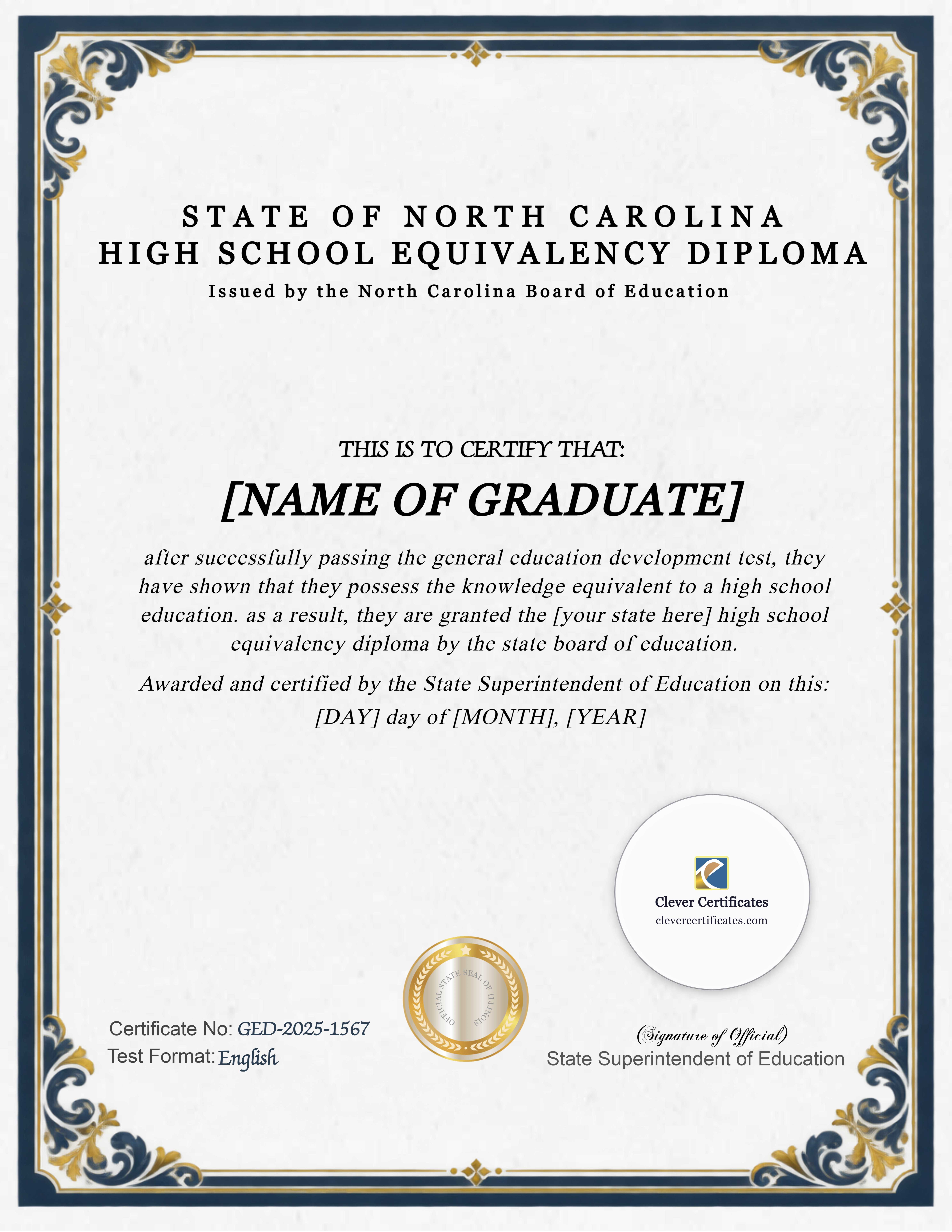 North Carolina GED Portrait — Certificate Template Preview