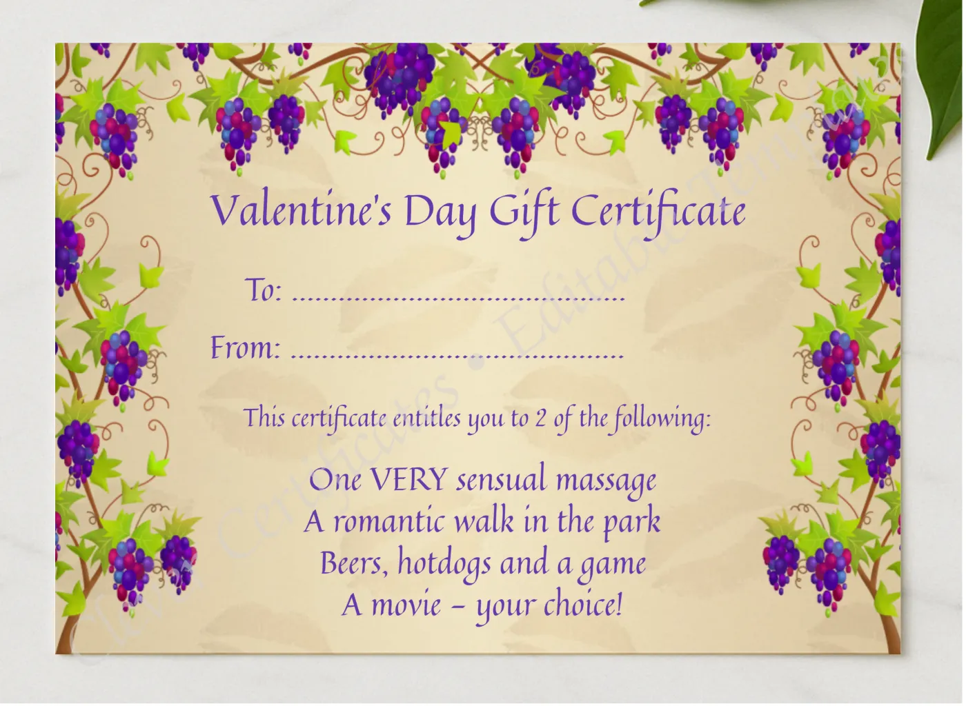 Valentines Gift Certificate presented in a sleek wooden frame, elegantly arranged on a stylish table.