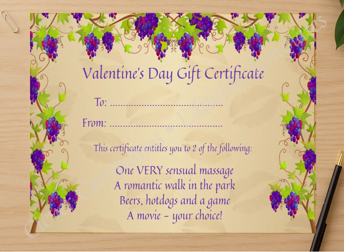 Professional preview of Valentines Gift Certificate certificate on high-quality stationery paper, ideal for showcasing the final look.