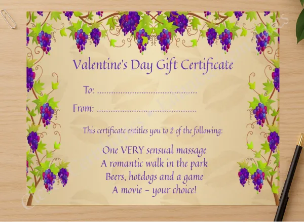 Professional preview of Valentines Gift Certificate certificate on high-quality stationery paper, ideal for showcasing the final look.