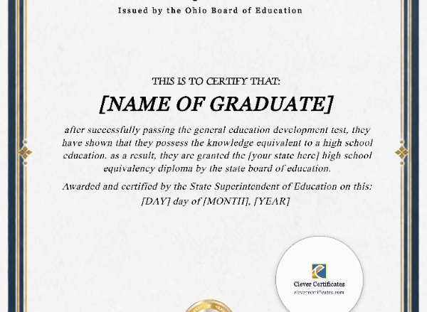 Ohio GED Portrait — Certificate Template Preview