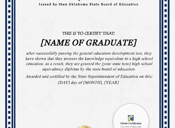 Oklahoma GED Portrait — Certificate Template Preview