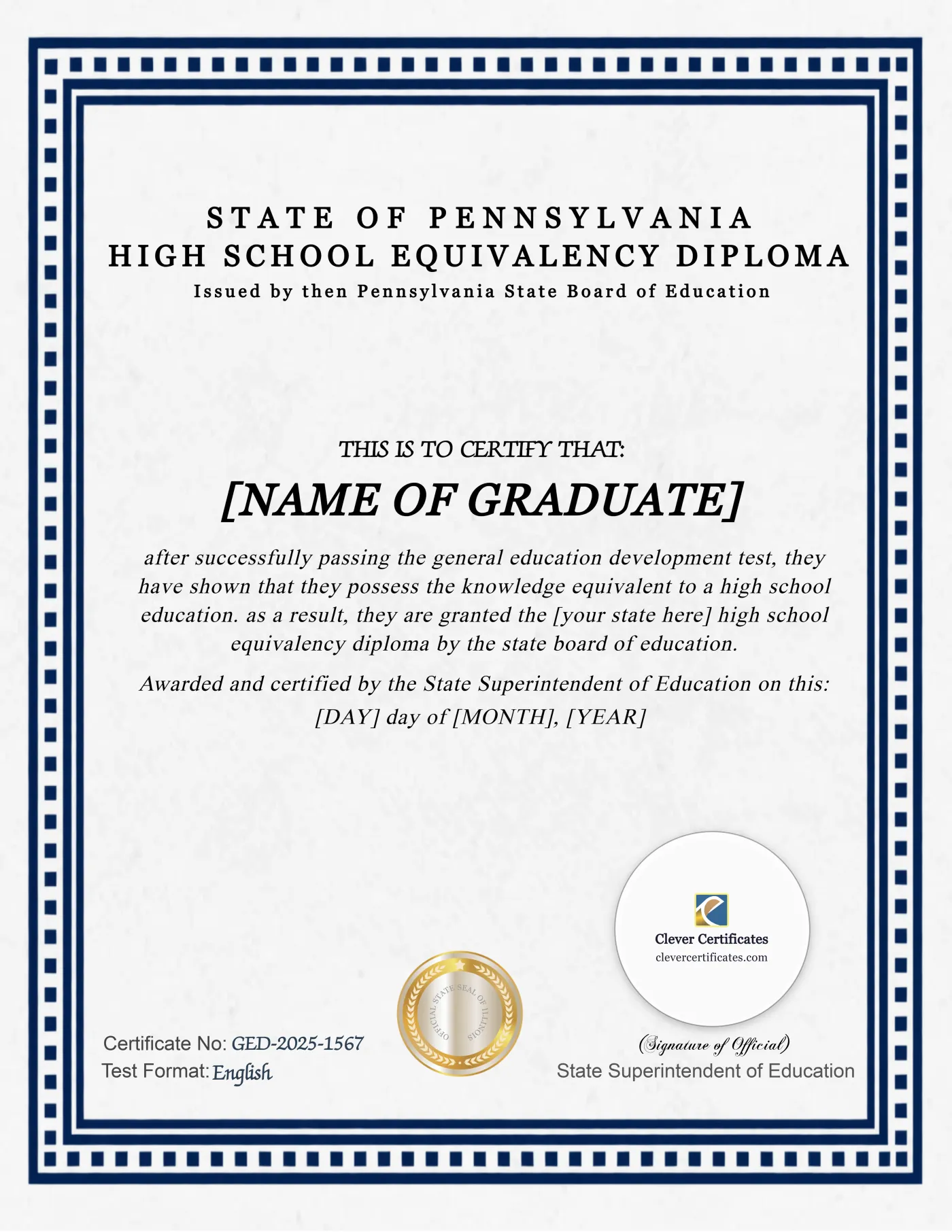 Pennsylvania GED Portrait — Certificate Template Preview