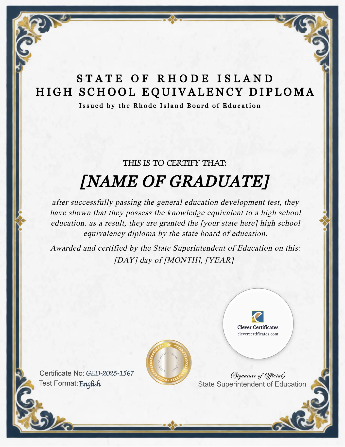 Rhode Island GED Portrait — Certificate Template Preview