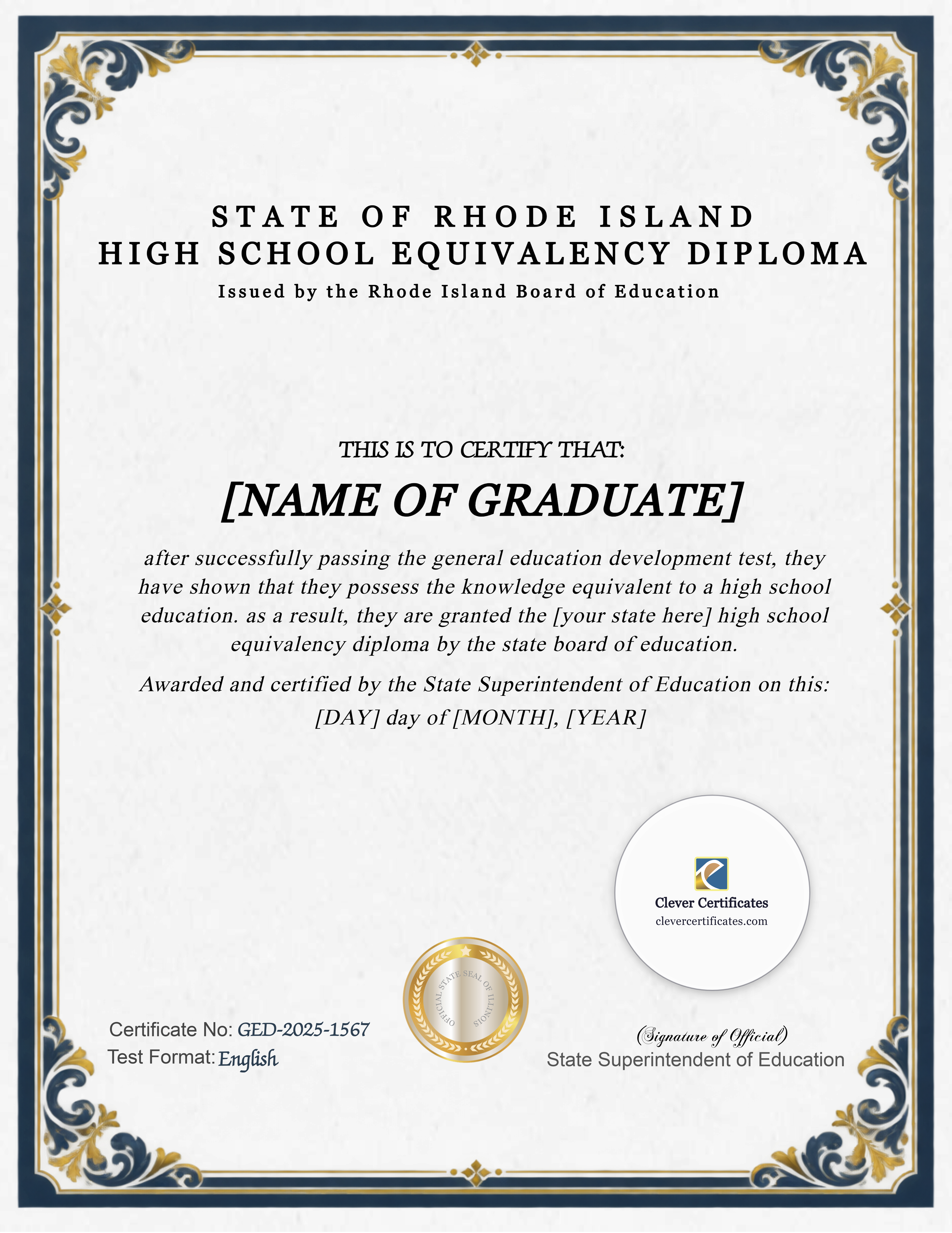 Rhode Island GED Portrait — Certificate Template Preview