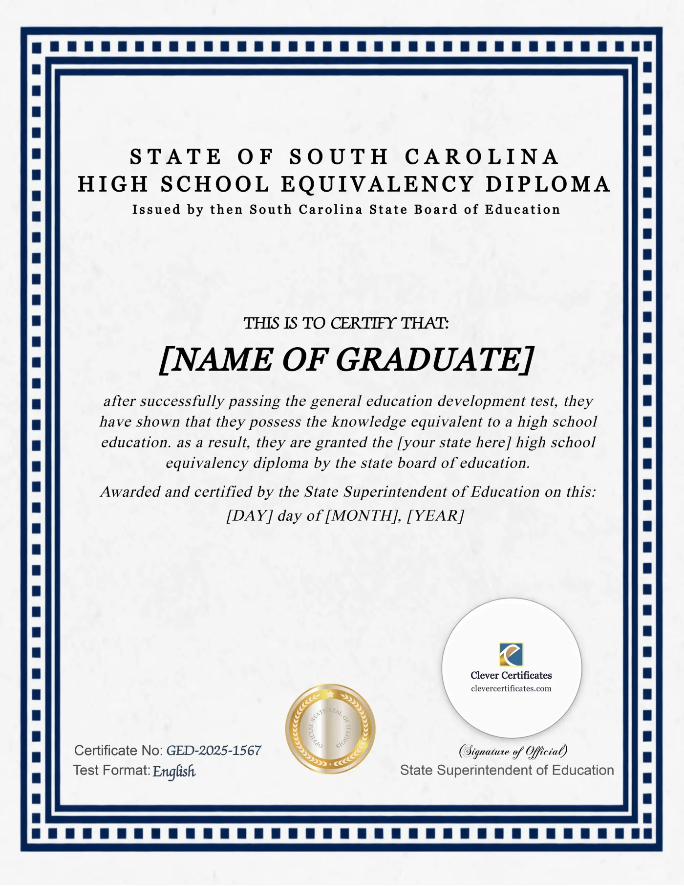 South Carolina GED Portrait — Certificate Template Preview