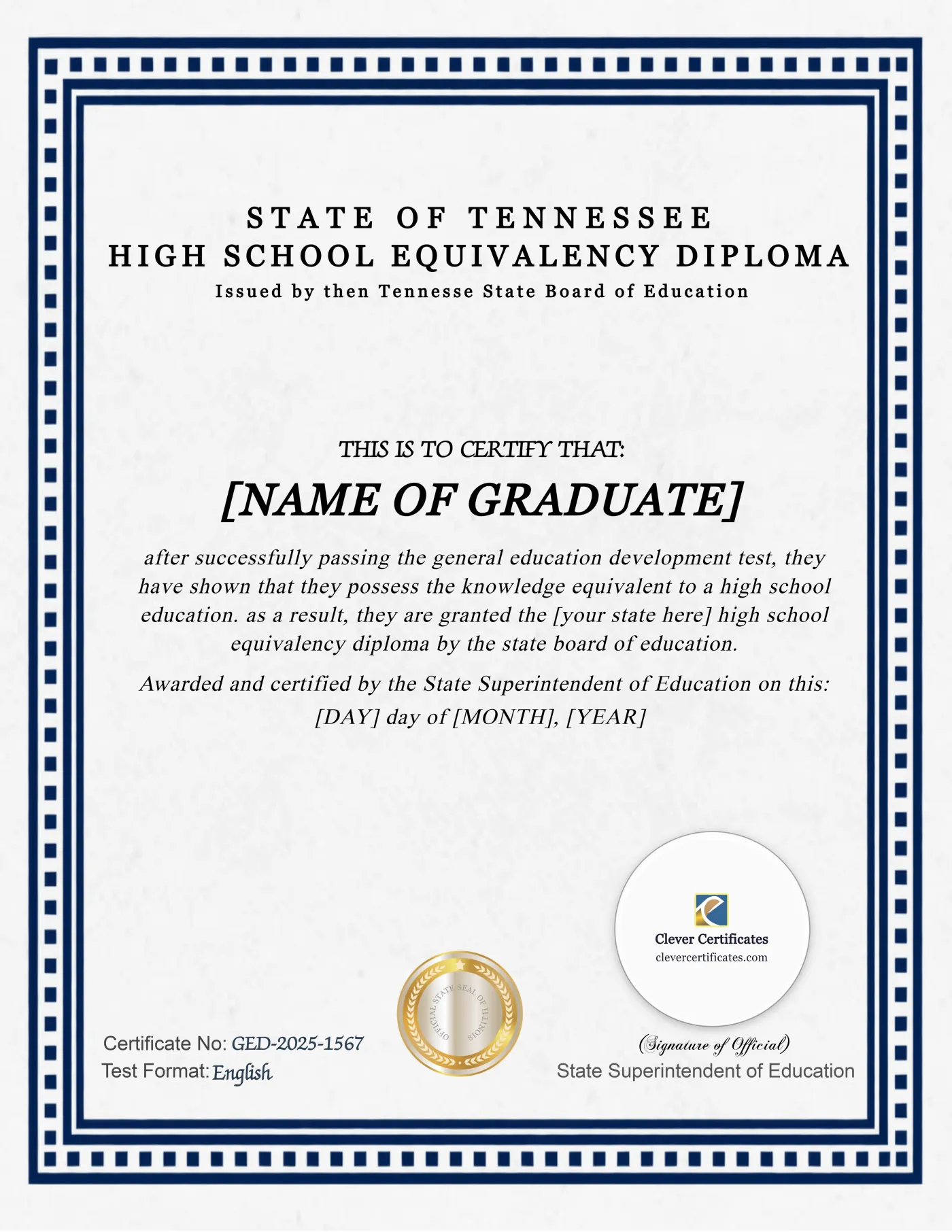 Tennessee GED Portrait — Certificate Template Preview