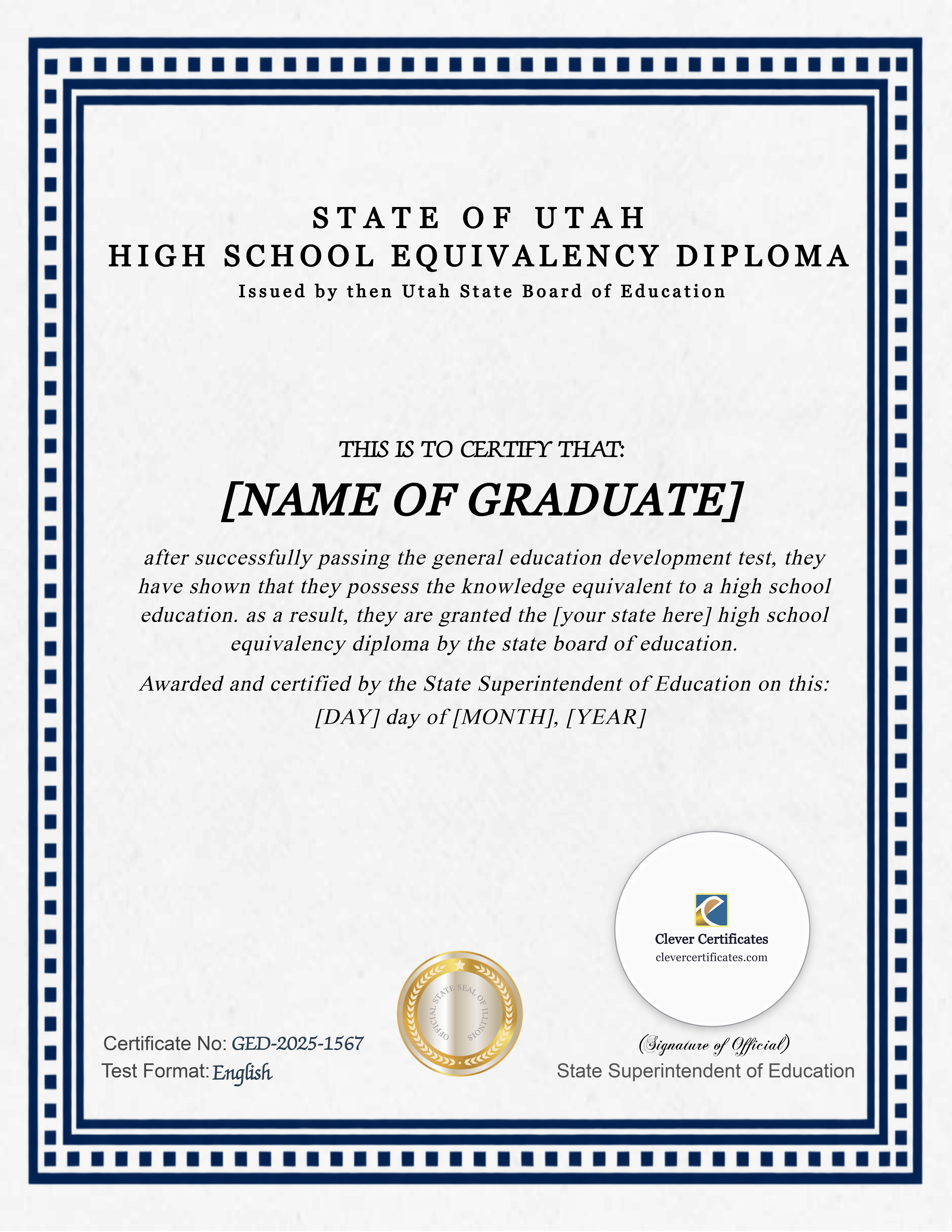 Utah GED Portrait — Certificate Template Preview
