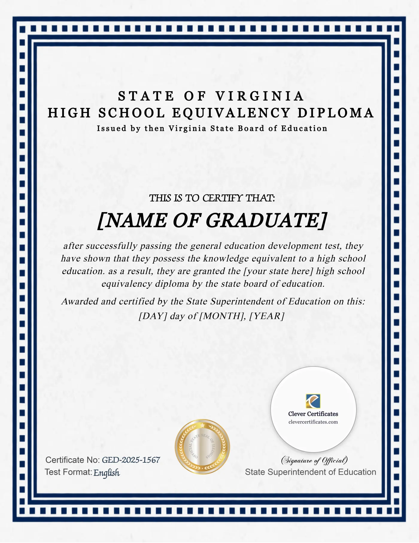 Virginia GED Portrait — Certificate Template Preview