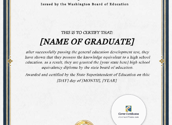 Washington GED Portrait — Certificate Template Preview
