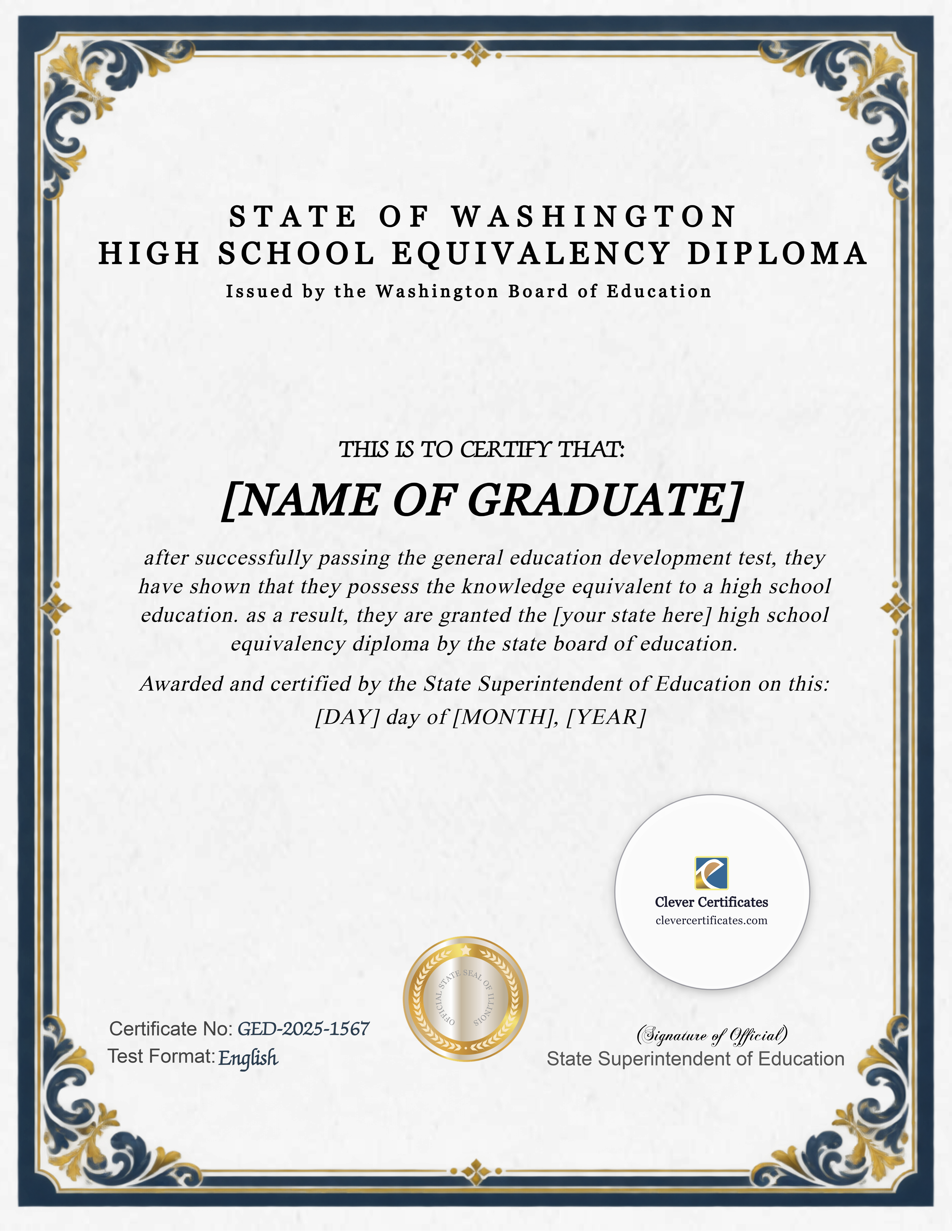 Washington GED Portrait — Certificate Template Preview