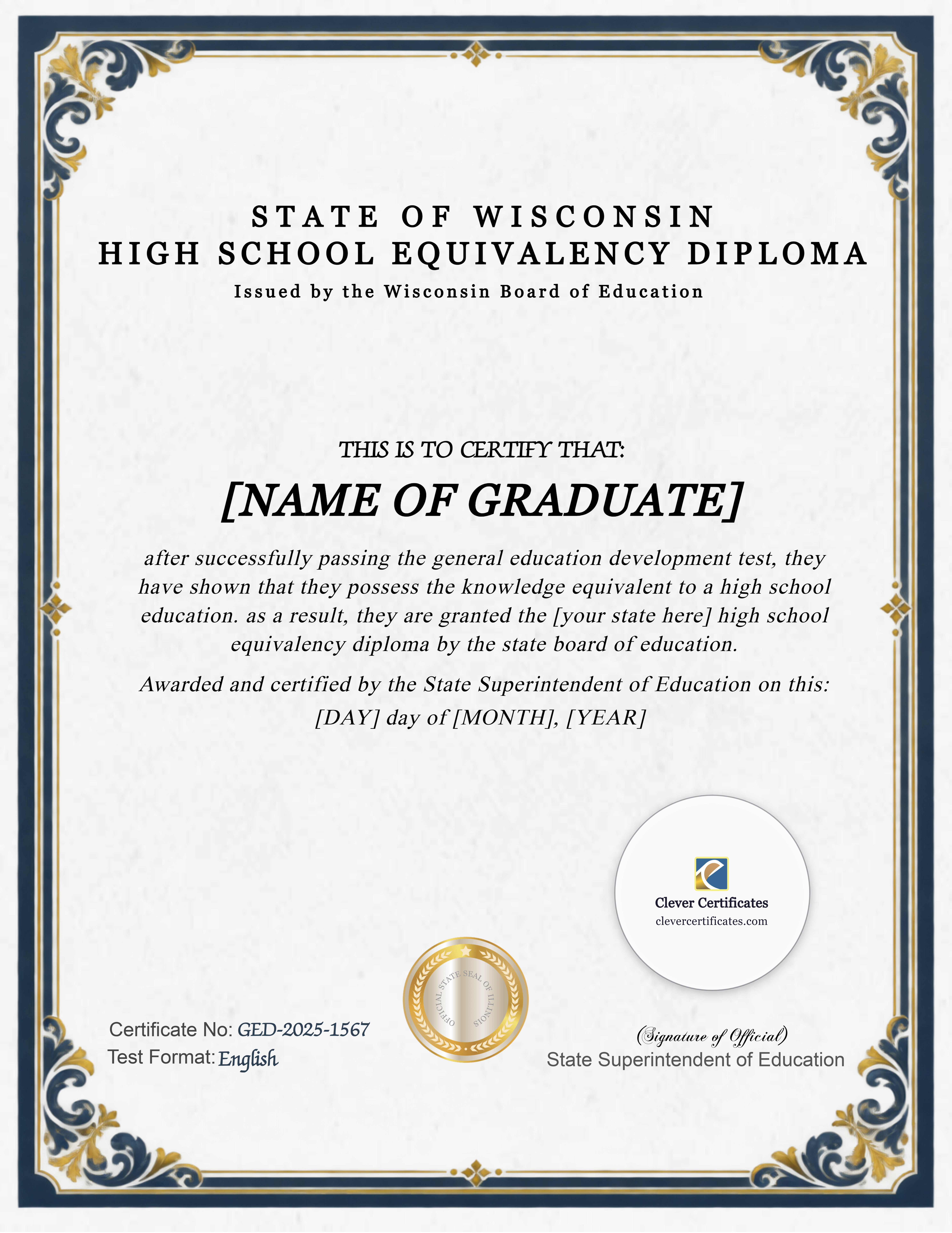 Wisconsin GED Portrait — Certificate Template Preview